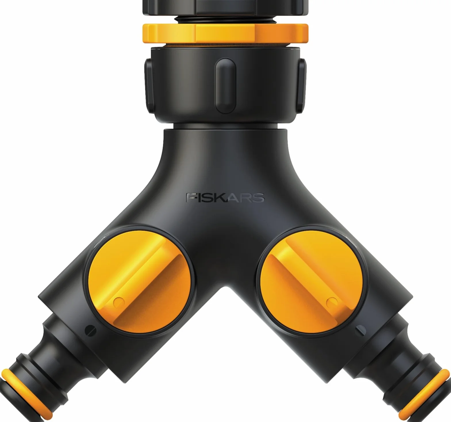 Fiskars Zawór 2-drożny Multi, z zaworem włączania/wyłączania, dla trzech rozmiarów gwintów Ø 21 mm (1/2), Ø 26,5 mm (3/4) i Ø 33,3 mm (1), 85 g, czarny/pomarańczowy, 1027061