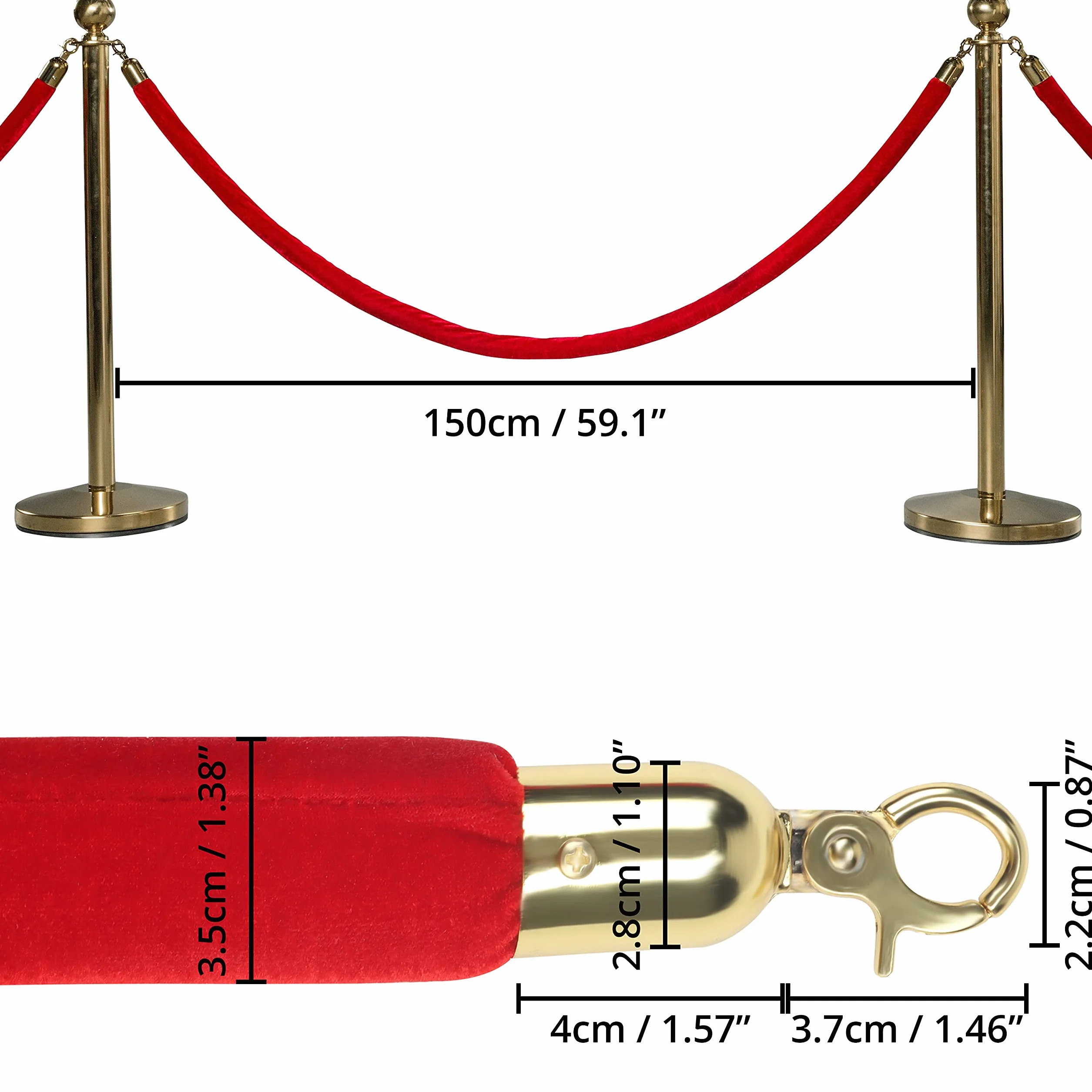 Belle You zestaw 2 czerwonych aksamitnych linek barierowych - szer. 150 x D3,5 cm - polerowane złote haczyki na karabińczyki do słupków prowadzących - gruba separacja kolejki i bariera kontroli tłumu
