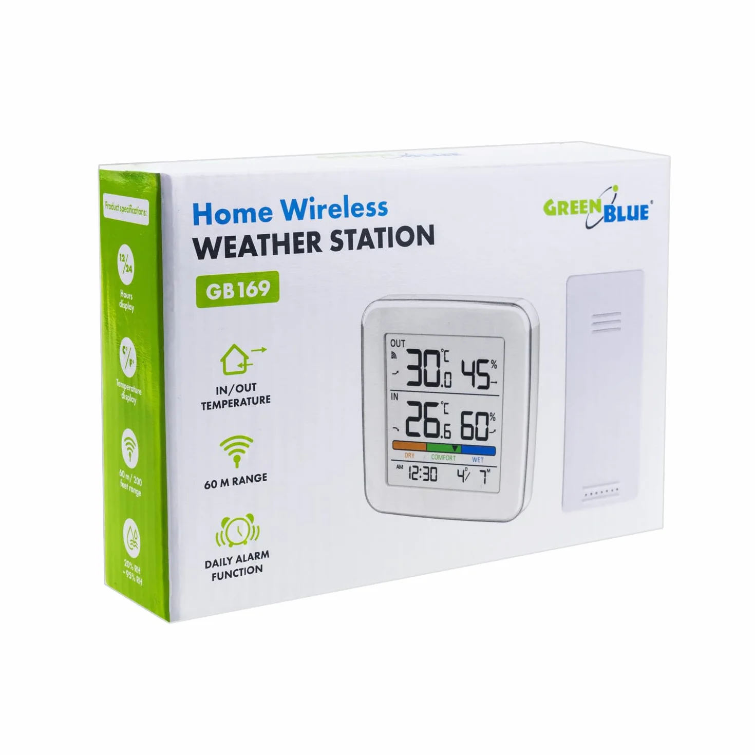 GreenBlue GB169 bezprzewodowa stacja pogodowa z czujnikiem zewnętrznym: temperatura wewnątrz i na zewnątrz, wilgotność powietrza, budzik, alarm, wskaźnik komfortu, wyświetlacz LCD, zasięg 60 m