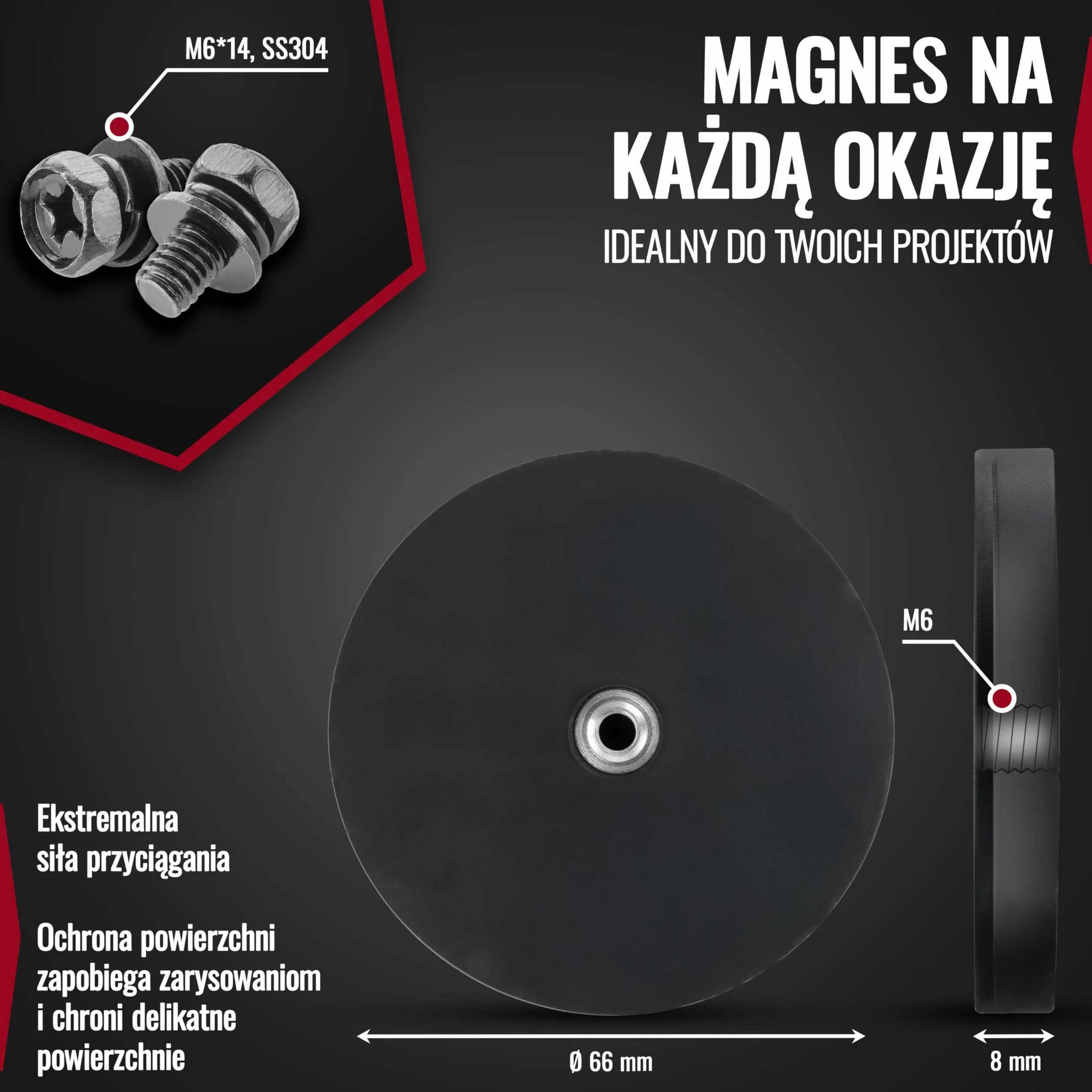 Poppstar 4 gumowe magnesy neodymowe 66 mm M6 siła udźwigu 20 kg