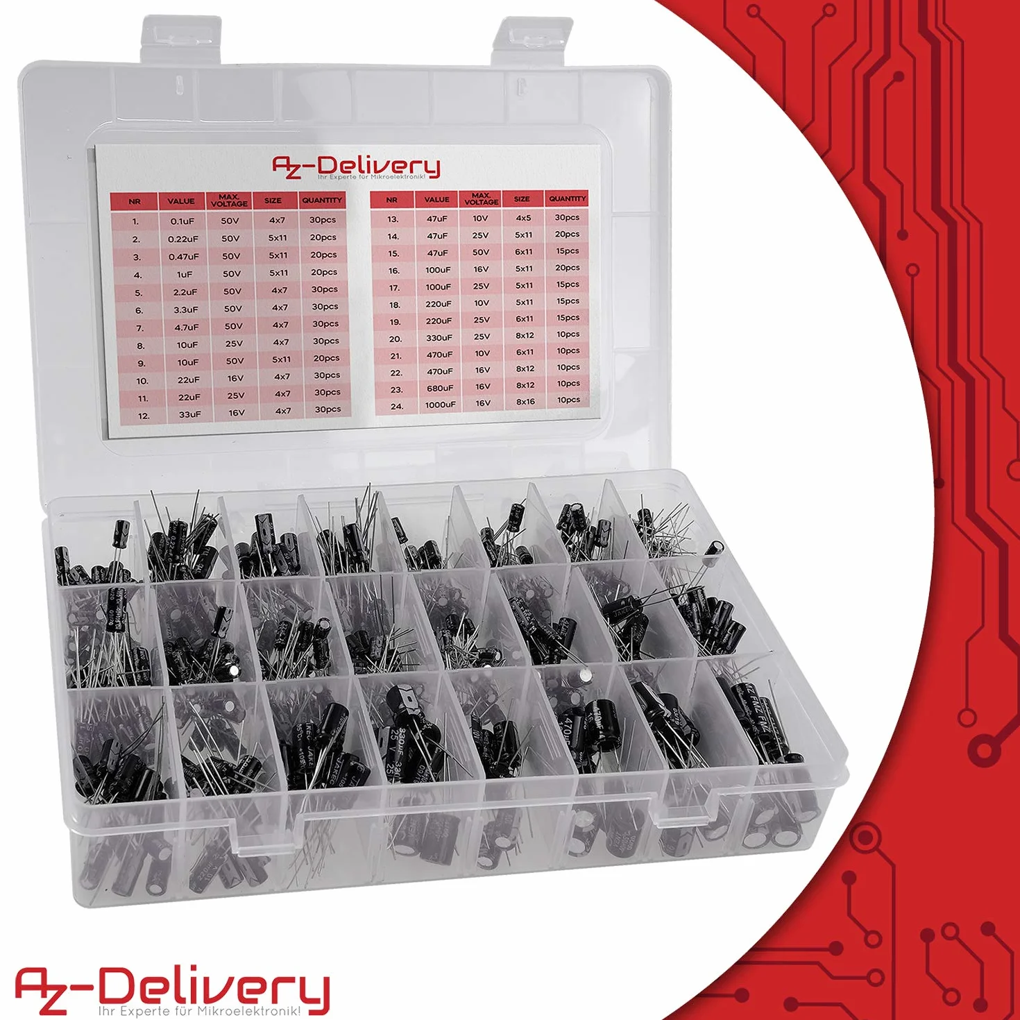 AZDelivery Asortyment ElKo kondensator elektrolityczny aluminiowy 24 wartości 500 sztuk 0.1uF - 1000uF ze skrzynką do przechowywania kompatybilny z Arduino i E-book w zestawie!