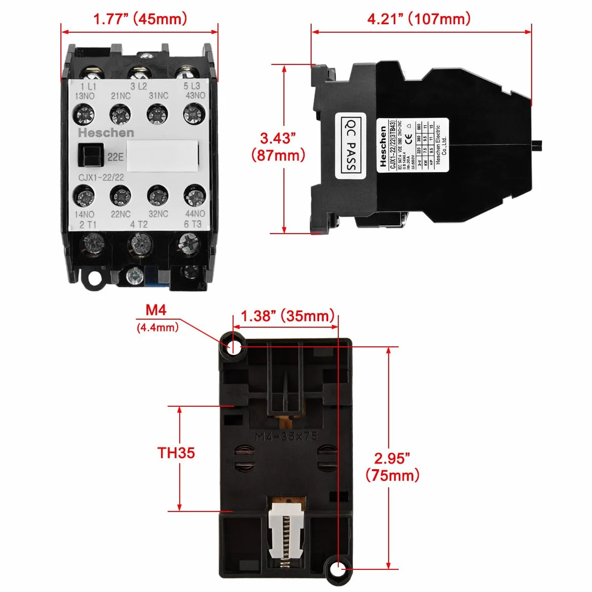 Heschen Stycznik AC, CJX1-22/22, cewka CA220V 50/60Hz, 3-biegunowy, 2NO+2NC, 380V 22A