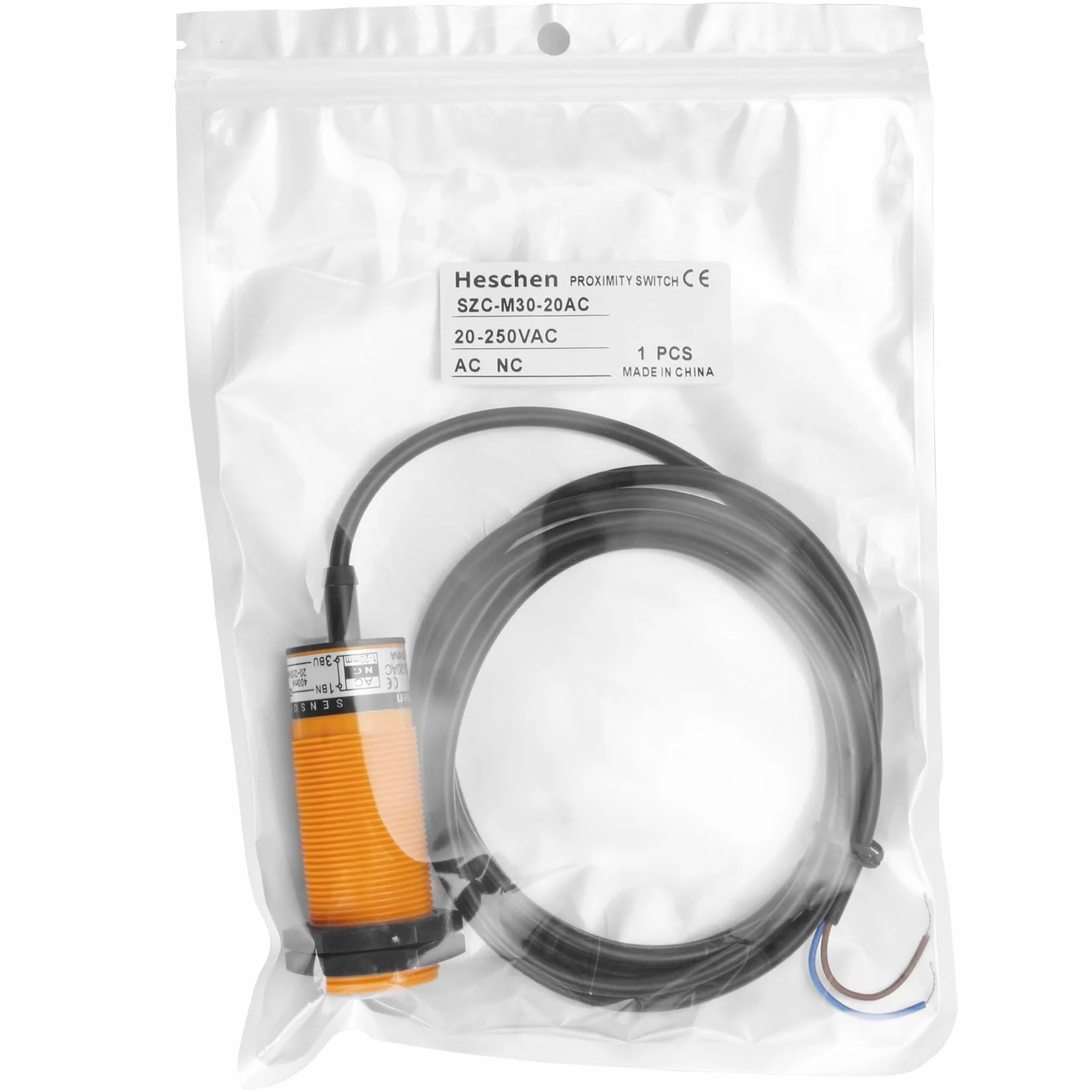 Heschen Pojemnościowy czujnik zbliżeniowy M30, SZC-M30-20AC, odległość wykrywania 1-20 mm, 20-250 VAC 400mA, normalnie zamknięty (NC), 2 przewody