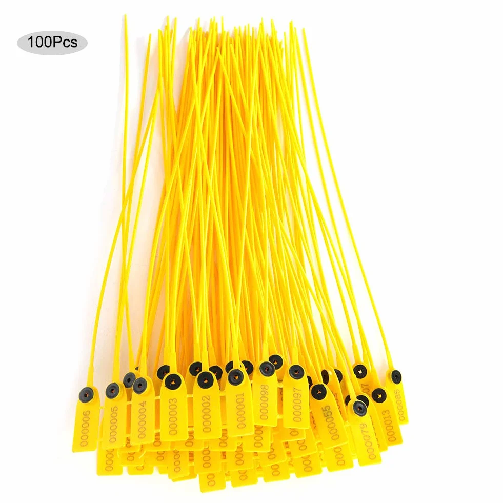 Plomba plastikowa 100szt. Żółta 40cm Etykiety plomby zabezpieczające Plomba plombowa plastikowa z numerem do magazynu logistycznego wysyłki
