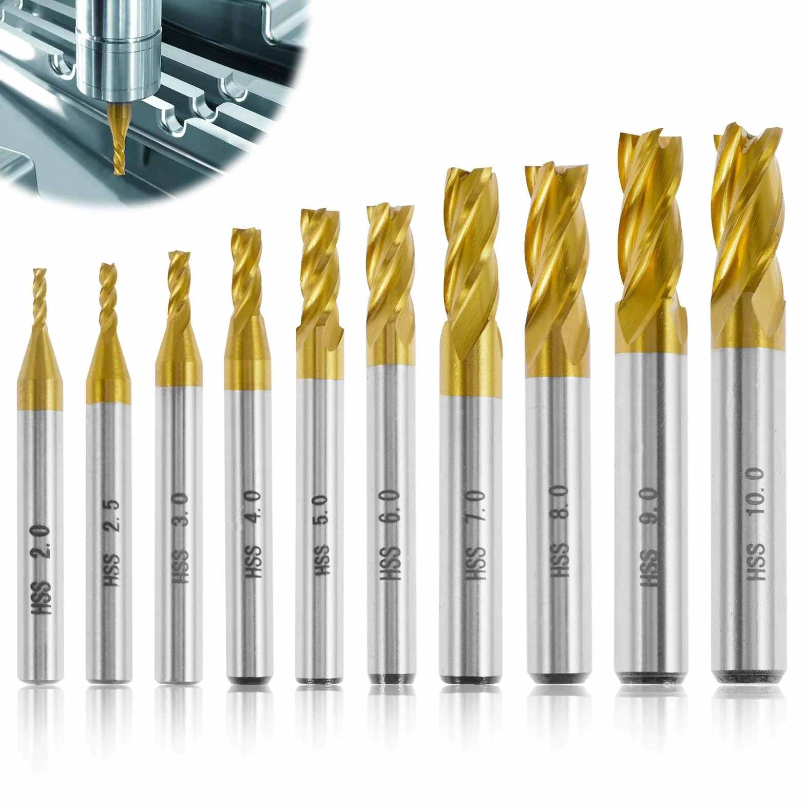 Zestaw 10 frezów HSS, 4 tytanowe flety VHM, 2-10 mm, frez CNC do tworzyw sztucznych, metalu, stali nierdzewnej, stali węglowej, aluminium, drewna, akrylu