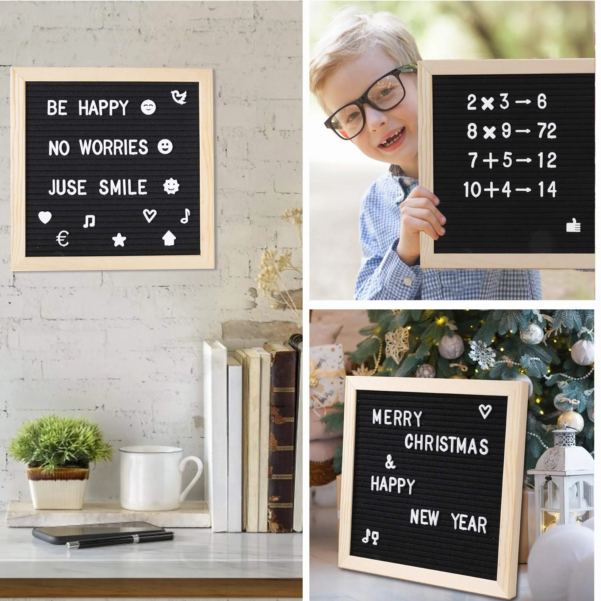 Filcowa tablica na listy drewniana ramka 25 x 25 cm czarna z 460 literami