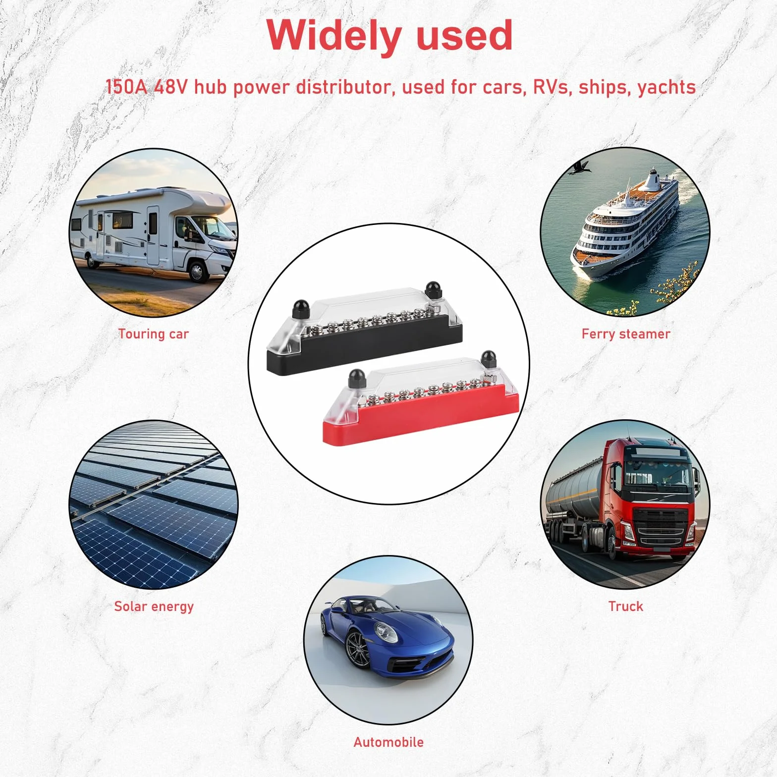 2 sztuki szyn zbiorczych 12 V-48 V DC, blok rozdzielczy, blok rozdzielający 150 A BusBar Box z 6 x bolcami zaciskowymi M8 i 2 x bolce zaciskowe M6, szyny zbiorcze 150 A, blok rozdzielczy, blok szyn