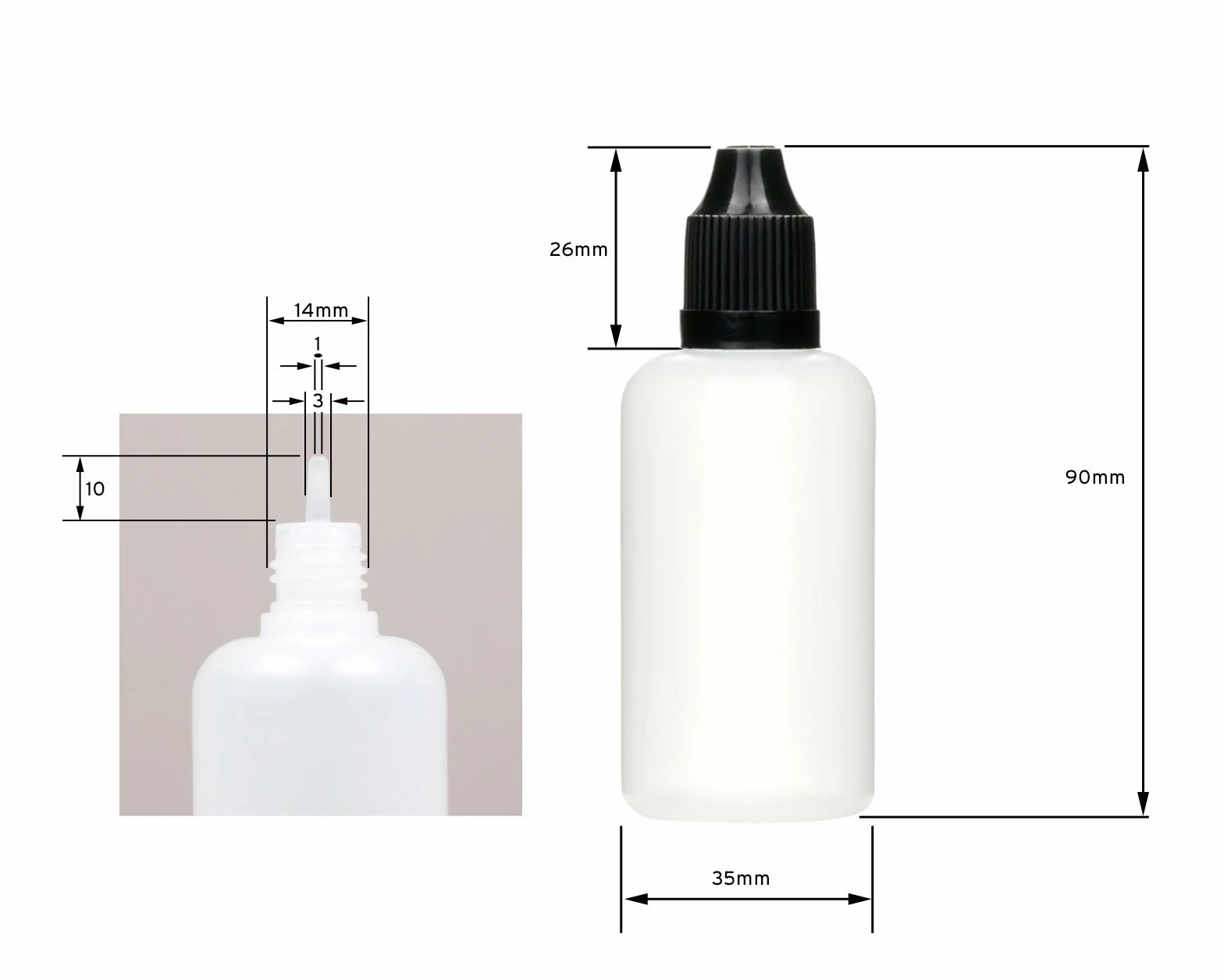 Octopus 10 x 50 ml butelki na płyn z lejkiem + etykiety, plastikowe butelki z polietylenu LDPE, butelki dozujące do płynu, butelki z kroplomierzem lub zgniataczami + białe pokrywki