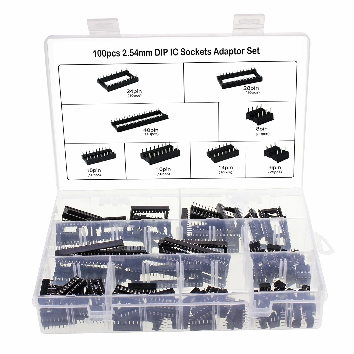 Aussel 100 sztuk 2,54 mm skok dwurzędowe gniazda DIP IC zestaw adapterów do lutowania 6, 8, 14, 16, 18, 24, 28, 40 wtyków (100 sztuk 2,54 mm)