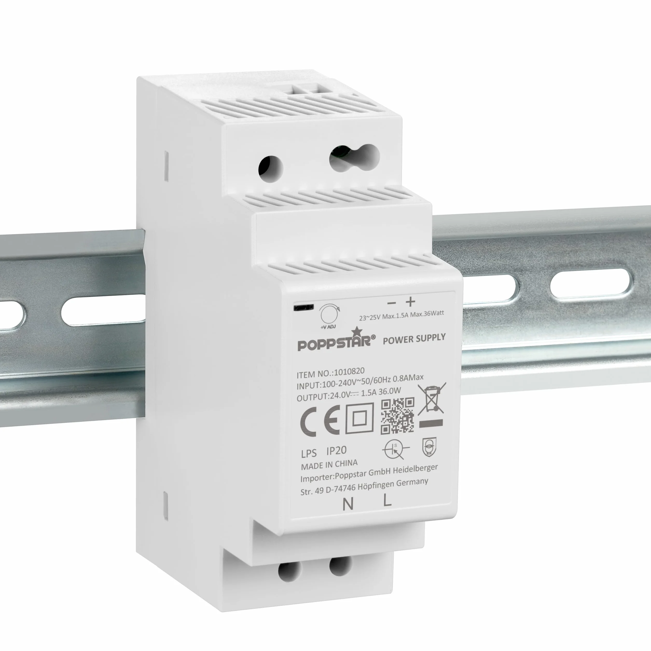 Poppstar zasilacz do szyny montażowej P-30-24- 24V 36W (wejście 100-240 V AC 50/60 Hz, wyjście 24 V DC 1,5 A 36 W)