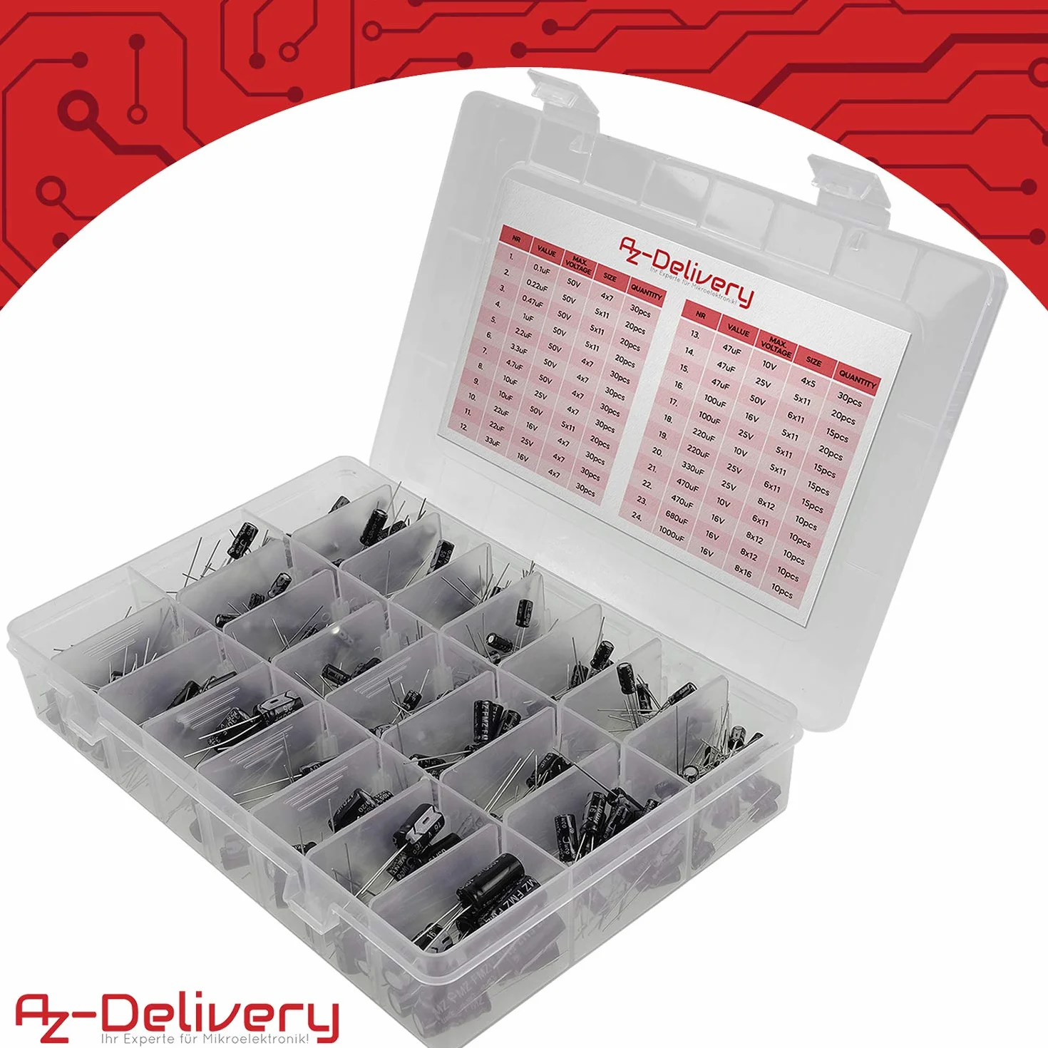 AZDelivery Asortyment ElKo kondensator elektrolityczny aluminiowy 24 wartości 500 sztuk 0.1uF - 1000uF ze skrzynką do przechowywania kompatybilny z Arduino i E-book w zestawie!