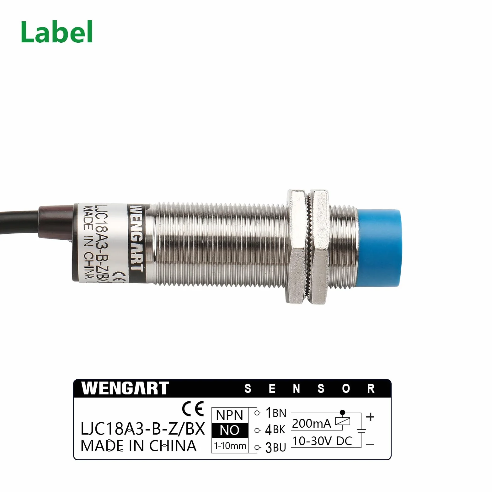 Wengart Przełącznik pojemnościowy czujnika zbliżenia LJC18A3-B-Z,M18,DC10-30V,300mA,10mm Detection Distance,3 Wire (NPN Normally Open)