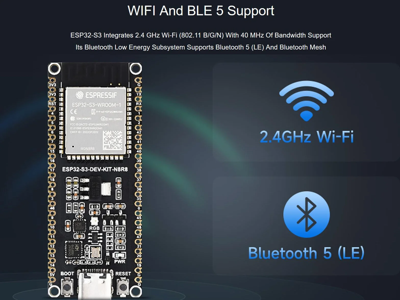 Waveshare ESP32-S3 płyta rozwojowa Wi-Fi ESP32-S3-WROOM-1 240 MHz 512 KB SRAM 8 MB PSRAM 16 MB Flash USB-C