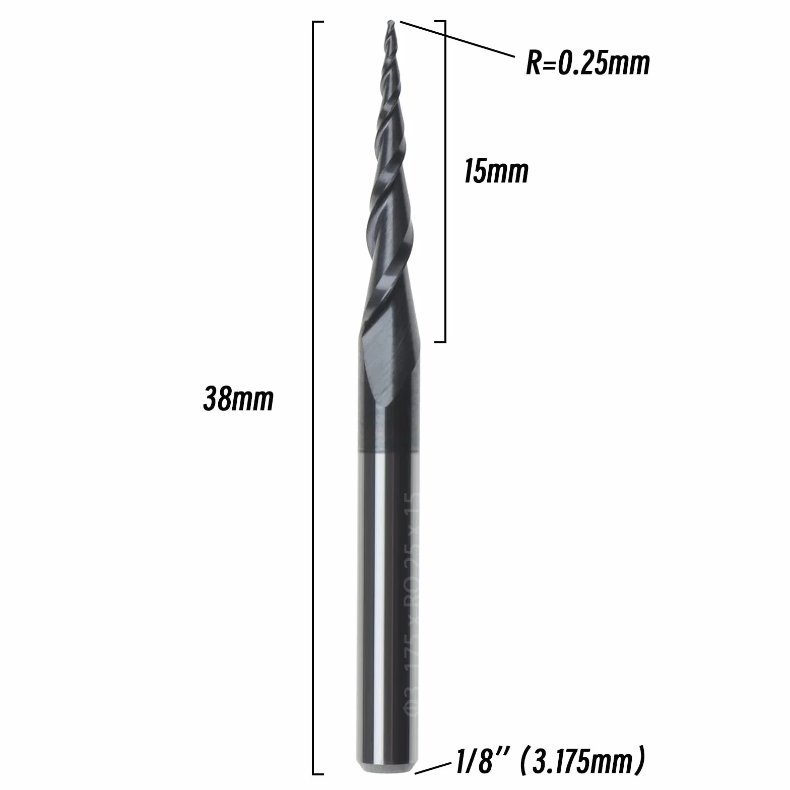 Zwężany frez z końcówką kulową z końcówką kulową 0,25 mm, solidny węglik wolframu, 2 rowki, powlekane TiAIN, narzędzie do grawerowania CNC, trzpień 1/8 cala do centrów obróbki CNC