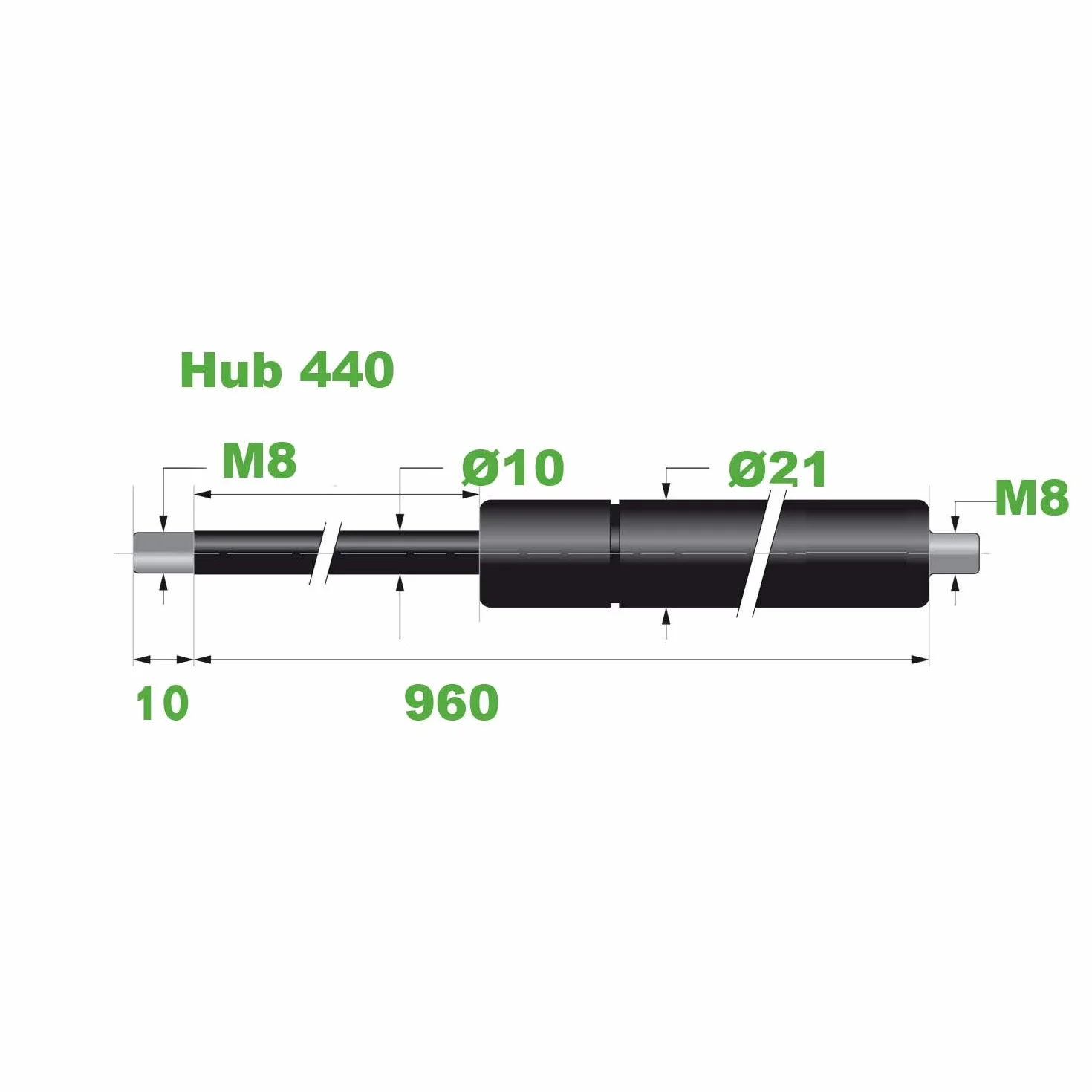 Sprężyna gazowa 10/21 M8 750N 960 mm Skok 440