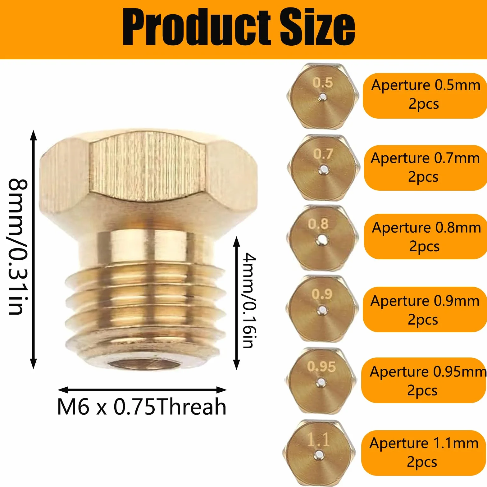 12 szt. dysz gazowych, dysz gazowych, dysz gazowych, 2 x 0,5 mm, 2 x 0,7 mm, 2 x 0,8 mm, 2 x 0,9 mm, 2 x 0,95 mm, 2 x 1,1 mm, dysze gazowe, dysze gpl, dysze i wtryskiwacze, do kuchenki gazowej LPG,