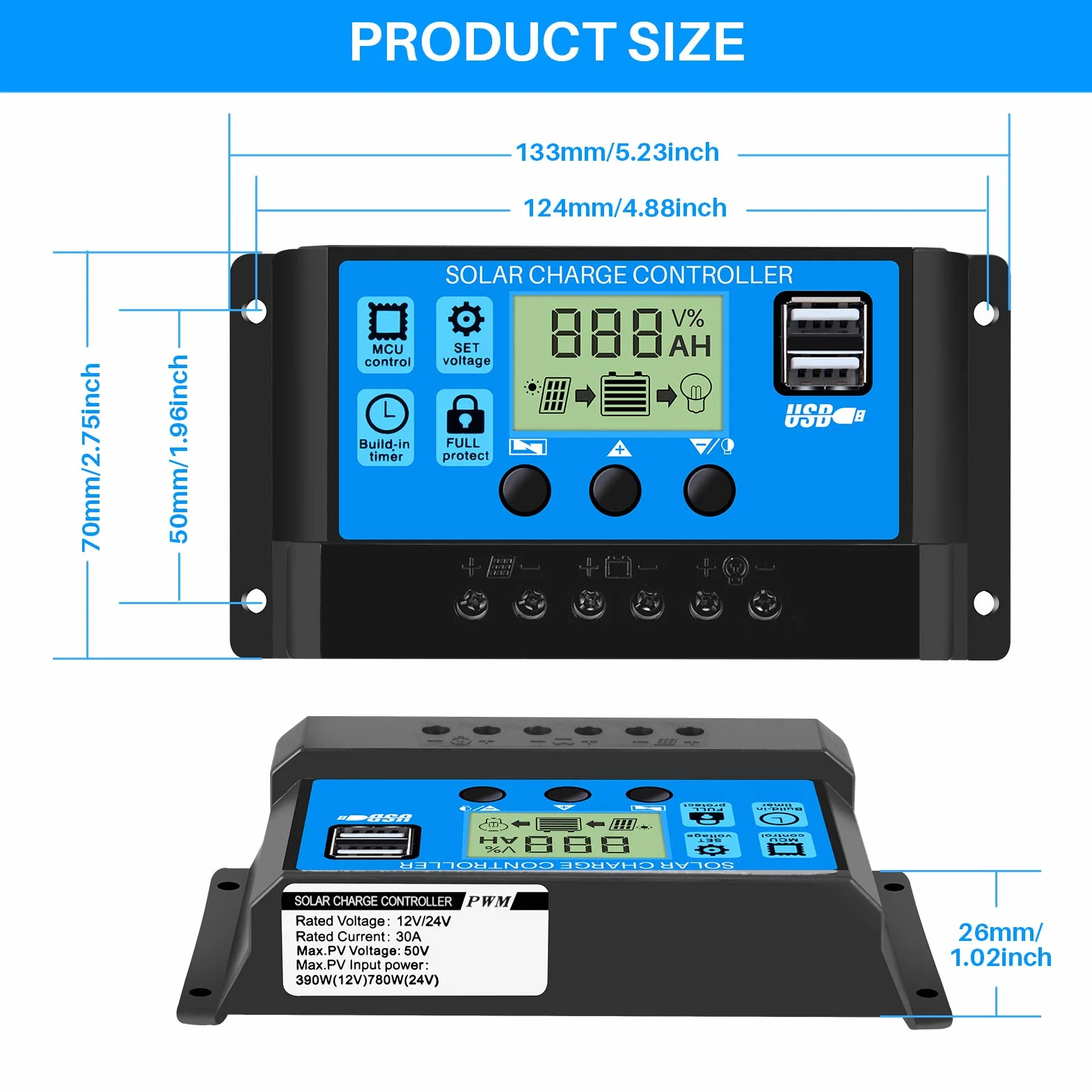 Thlevel Regulator ładowania solarnego 30 A, 12 V/24 V, ładowarka solarna, panel słoneczny, bateria, inteligentny regulator z portem Dual USB 5 V, wyświetlacz LCD (30 A)