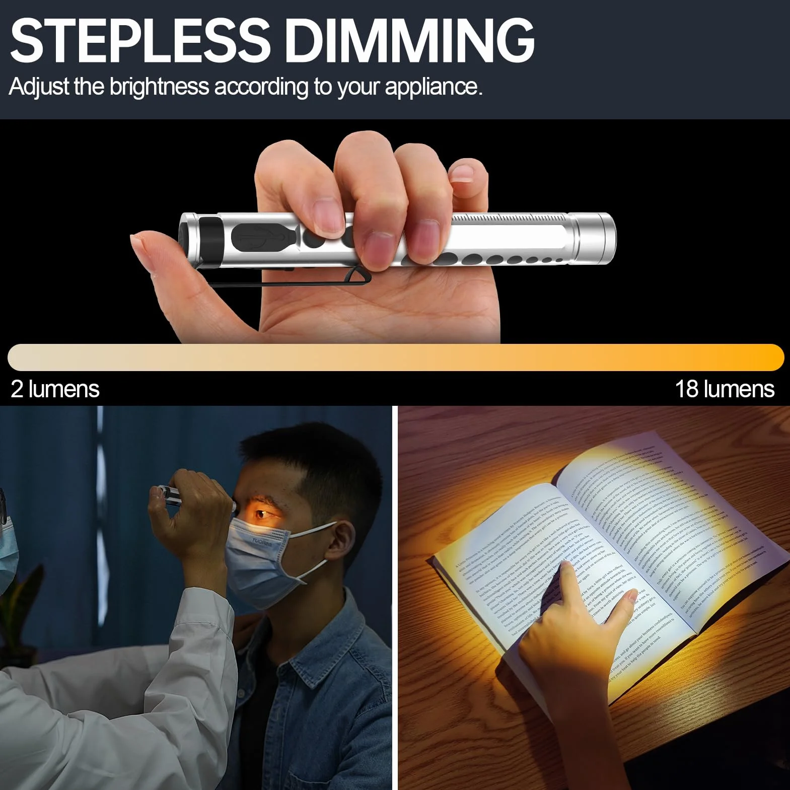 Lampa diagnostyczna LED źrenicy, ładowalna, aluminiowa, ciepła/zimna biel, ściemnianie, przenośna, z klipsem (sliber)