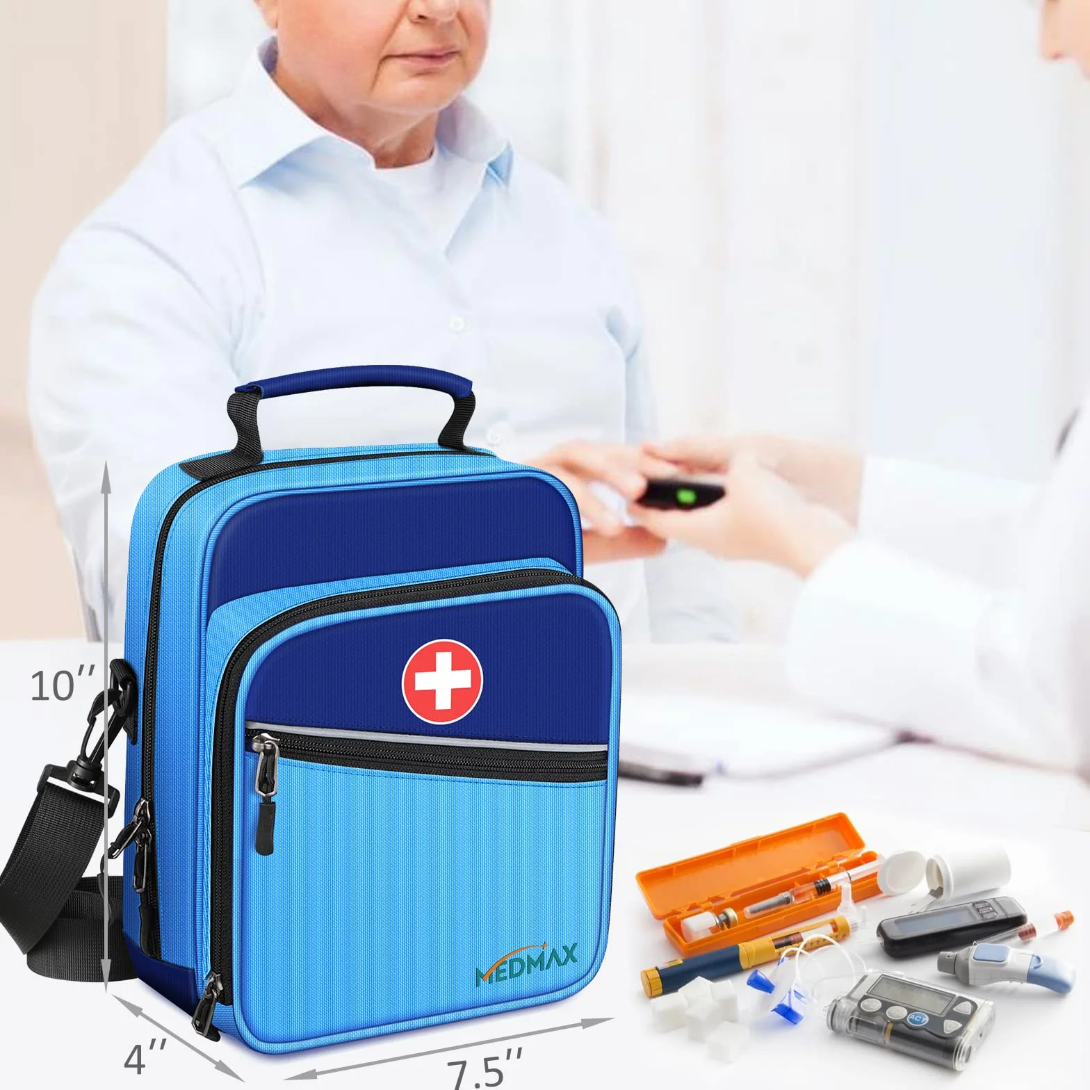 MEDMAX Torba na leki, torba chłodząca na insulinę, torba ratunkowa o dużej pojemności na akcesoria dla diabetyków, do EpiPen, inhalator na astmę, niezbędnik medycyny alergicznej (Niebieski)