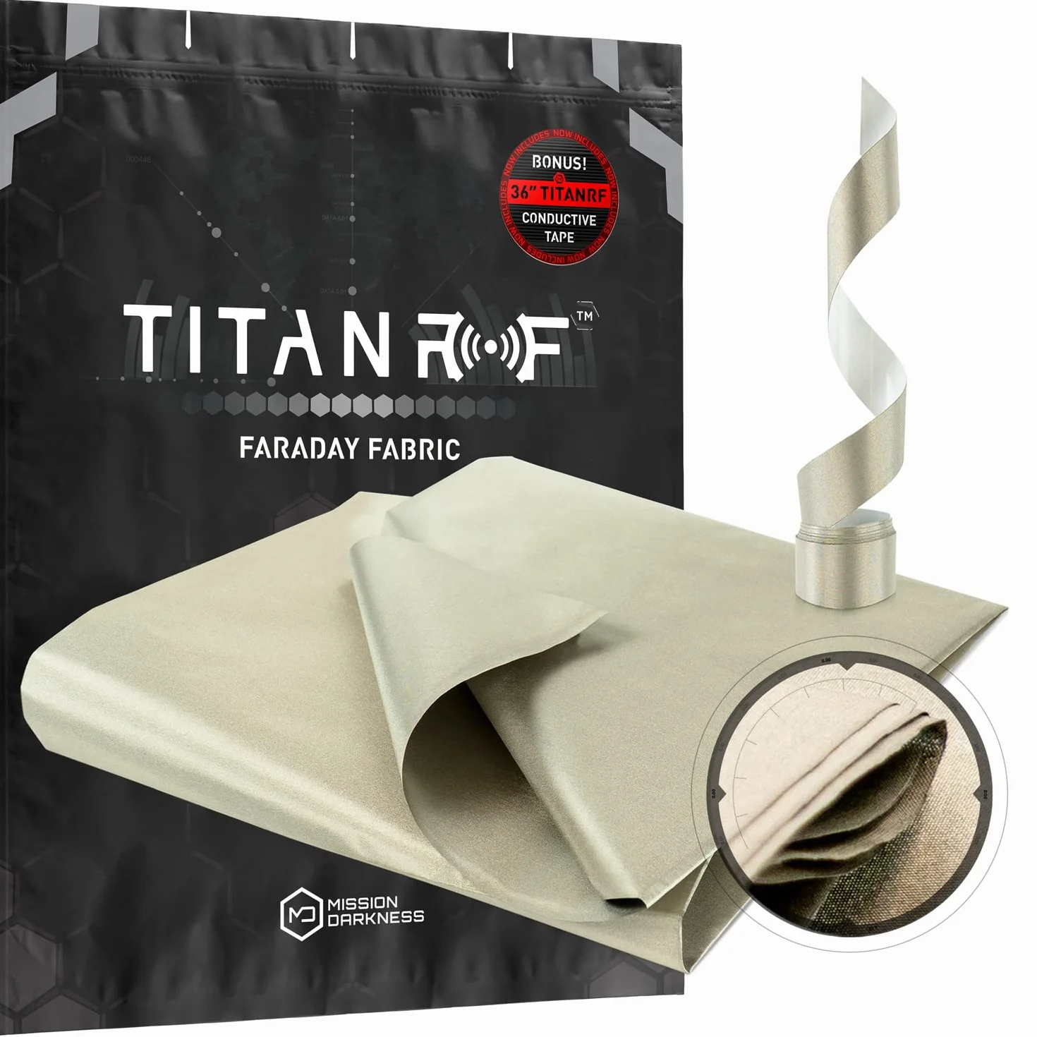 TitanRF Faraday Fabric Kit zawiera przewodzącą tkaninę o jakości wojskowej (111,76 cm x 91,44 cm) i taśmę klejącą (111,76 cm x 2,54 cm). Chroni sygnały HF komórki WiFi Bluetooth RFID EMF.