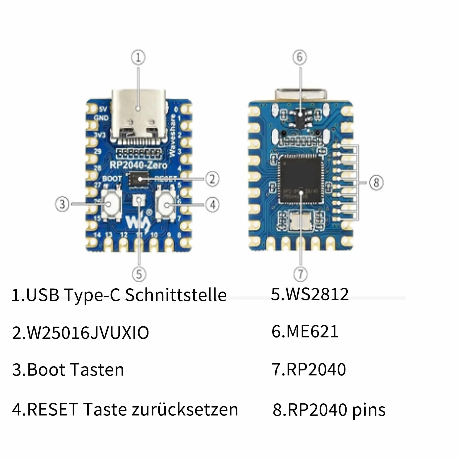 3 szt. RP2040-Zero, kompaktowa płyta do rozwoju mikrokontrolera, bazująca na procesorze Raspberry-Pi 2040 Dual-Core ARM Cortex M0+, obsługa C/C++/Python Development (z nielutowanymi pinami)