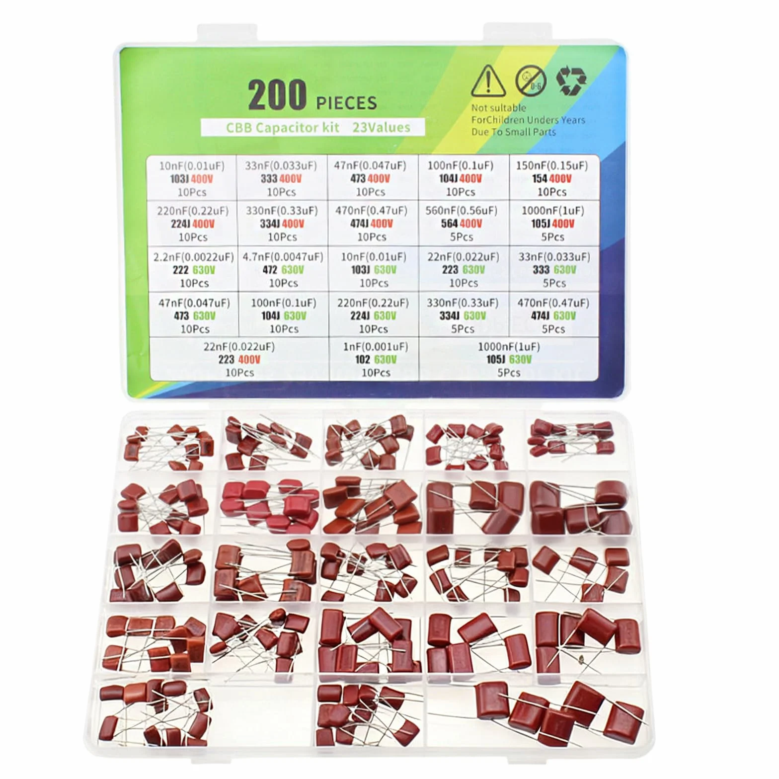 Zestaw kondensatorów polipropylenowych 400V 630V 23 wartości 300 sztuk
