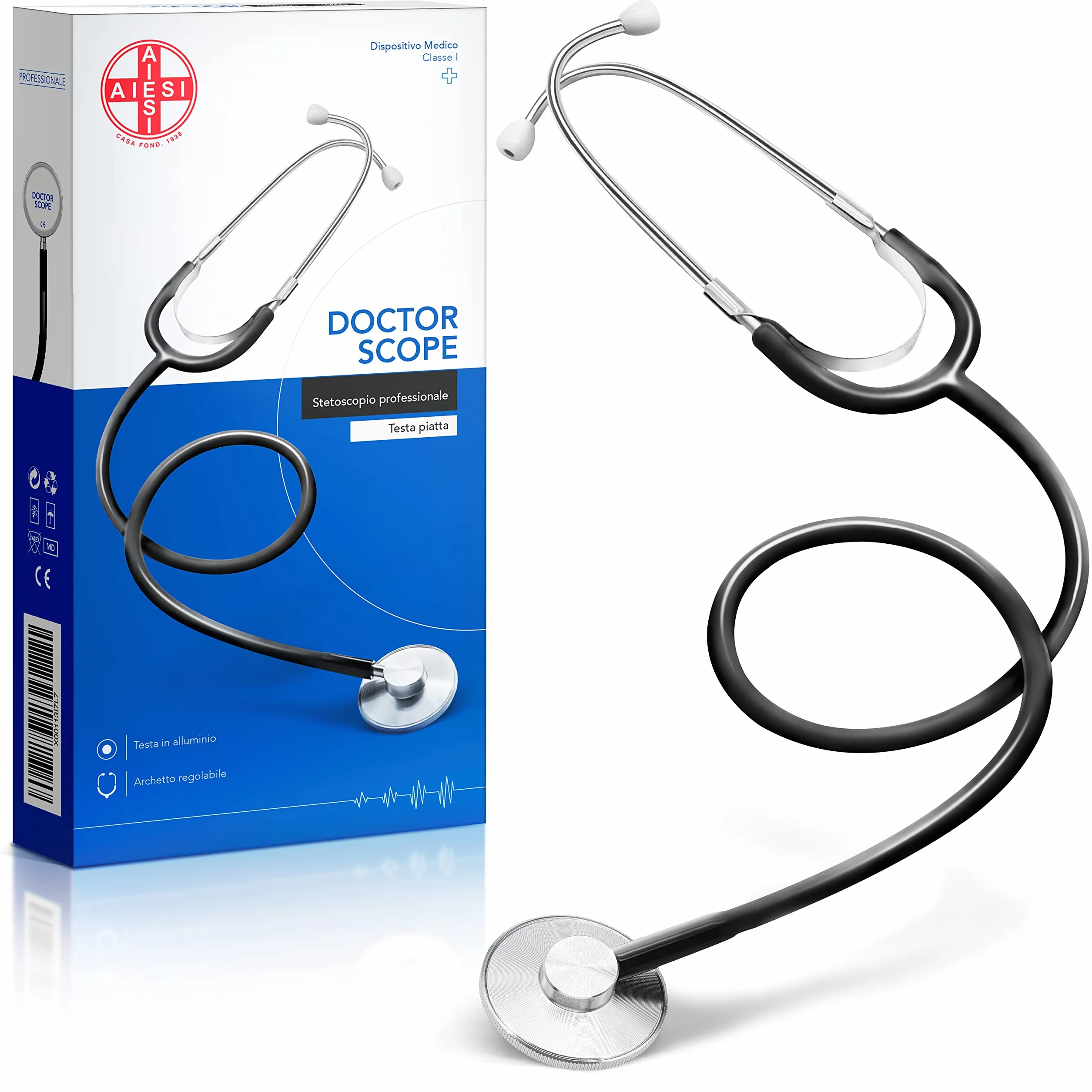 AIESI® Stetoskop z płaską główką Professional dla dorosłych, kolor czarny DOCTOR SCOPE, 24 miesiące włoskiej gwarancji
