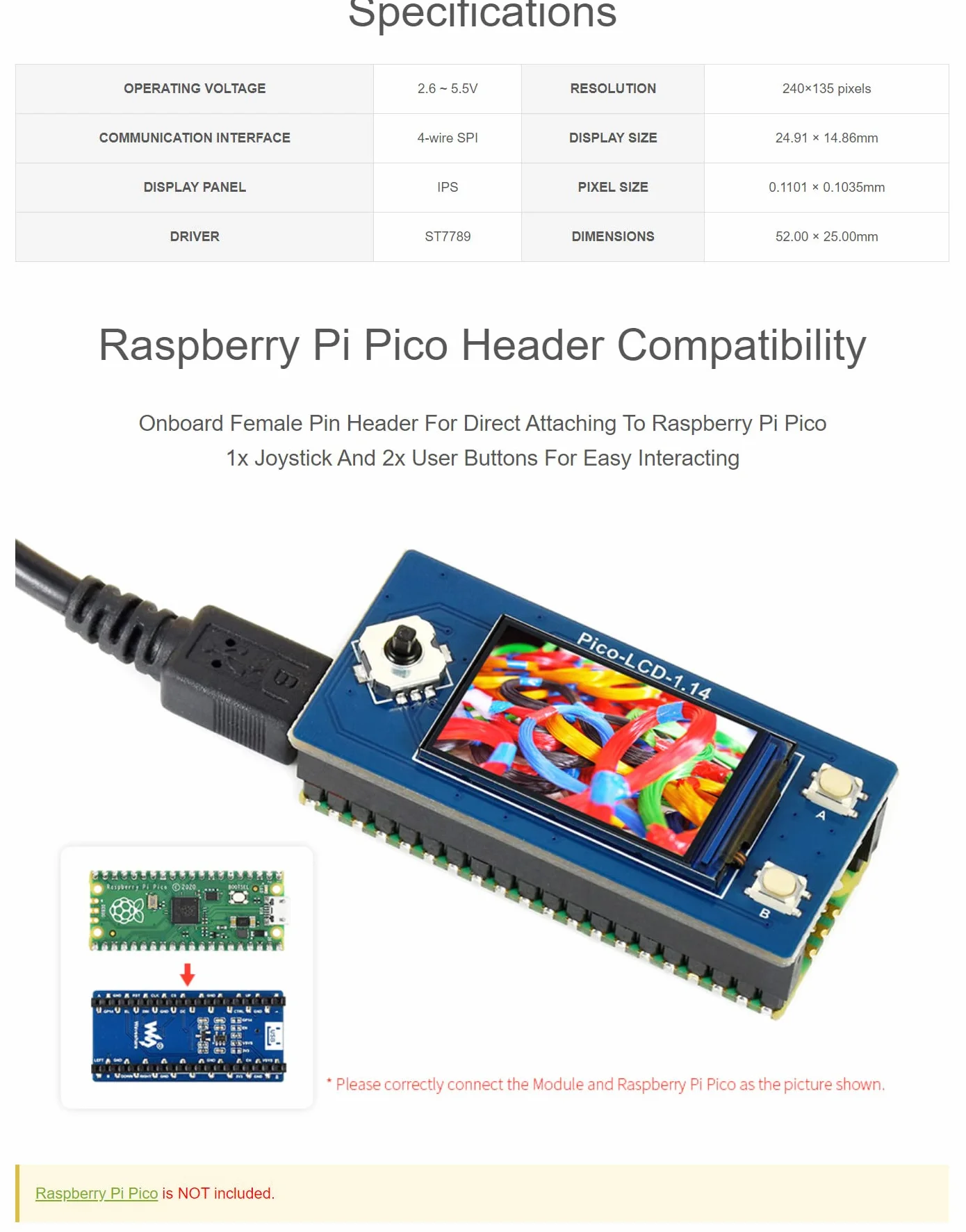 Waveshare 1.14inch LCD Display Module for Raspberry Pi Pico 240x135 SPI ST7789 IPS