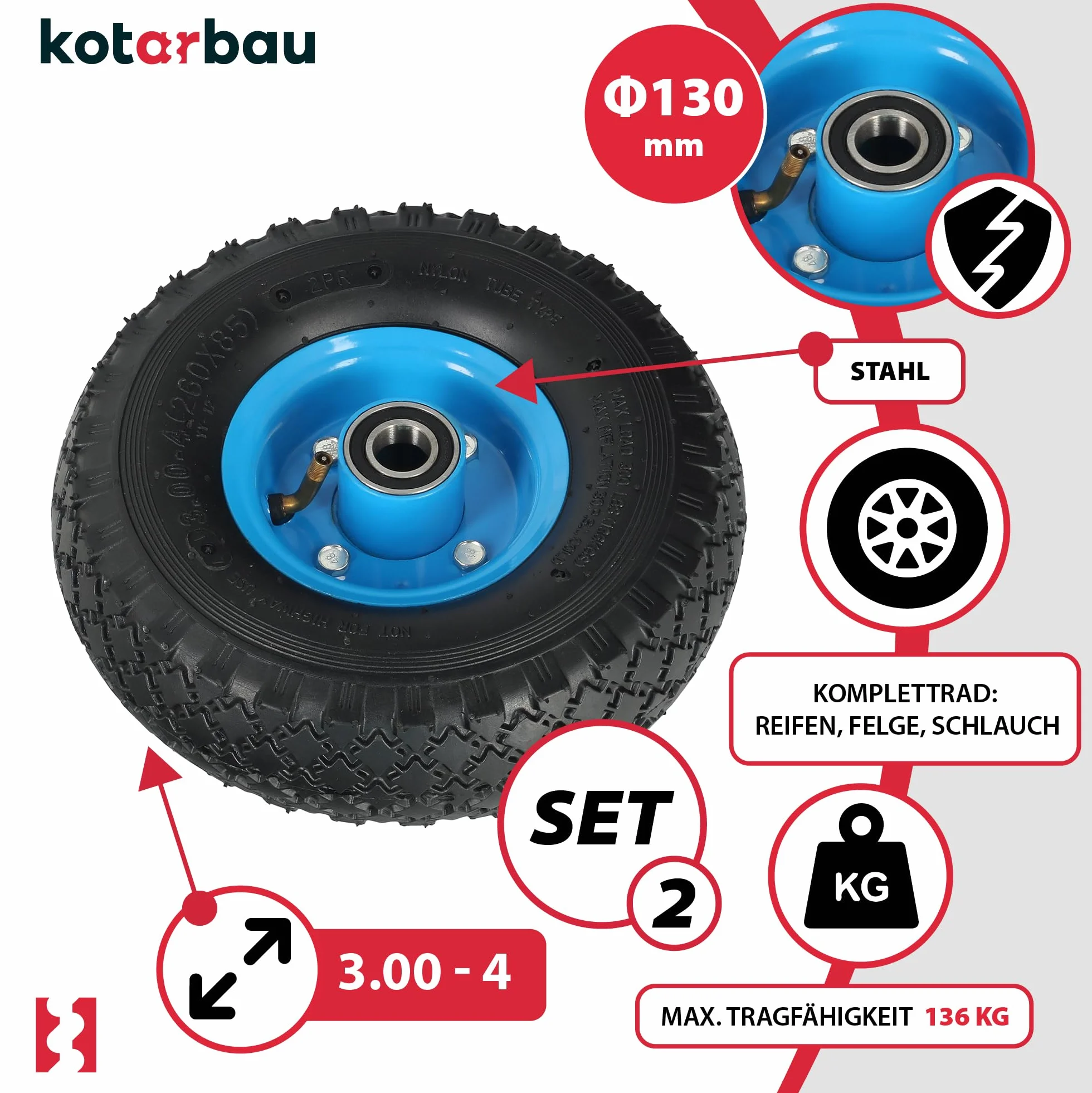 KOTARBAU® Zestaw 2 kół do wózka transportowego 260 x 85 mm 3.00-4, pełne opony gumowe, wzmocnione 4PR