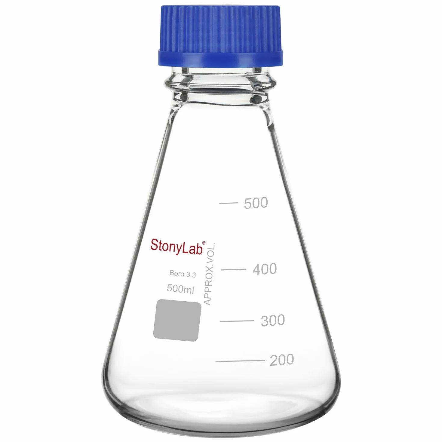 stonylab kolba Erlenmeyer z niebieską zakrętką, fazowana kolba laboratoryjna ze szkła borokrzemowego z podziałką, 500 ml