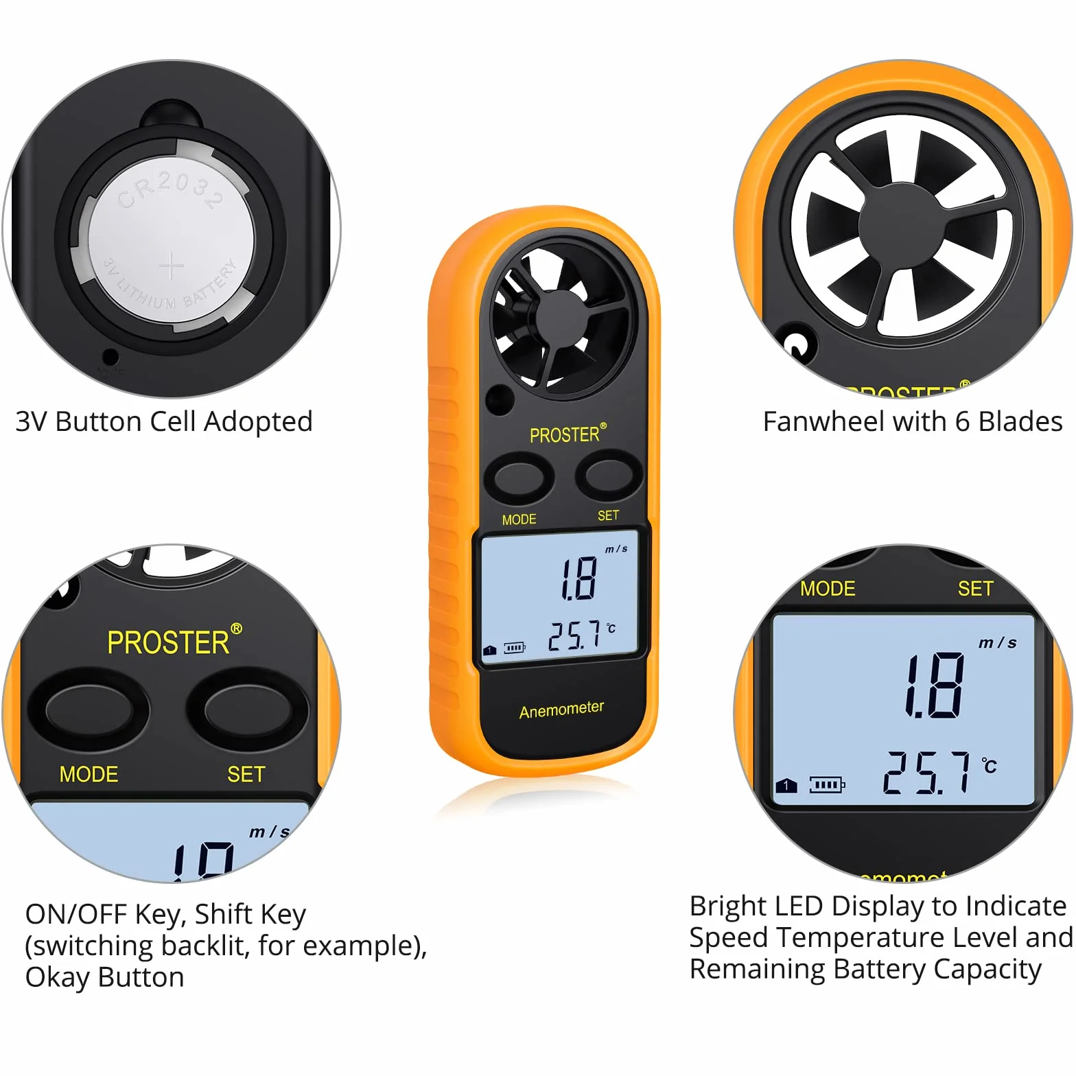 Proster Anemometr cyfrowy wyświetlacz LCD termometr prędkości wiatru powietrza z podświetleniem do żeglarstwa, latawiec, surfing, morski, wędkowanie itp