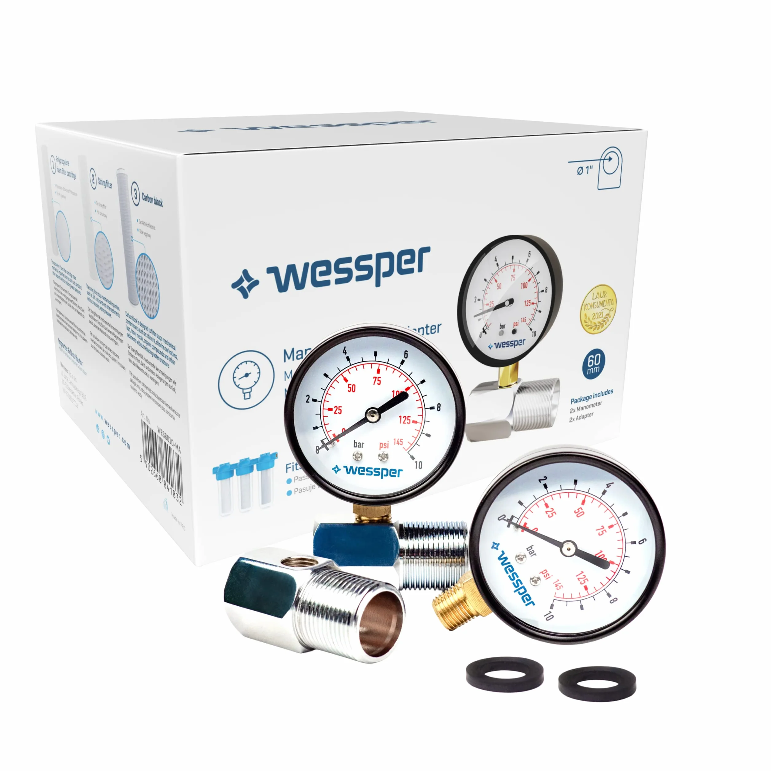 Wessper Manometr 2 Sztuki z Adapterem 10 bar 0-145 psi Ø 1" Podwójna Skala