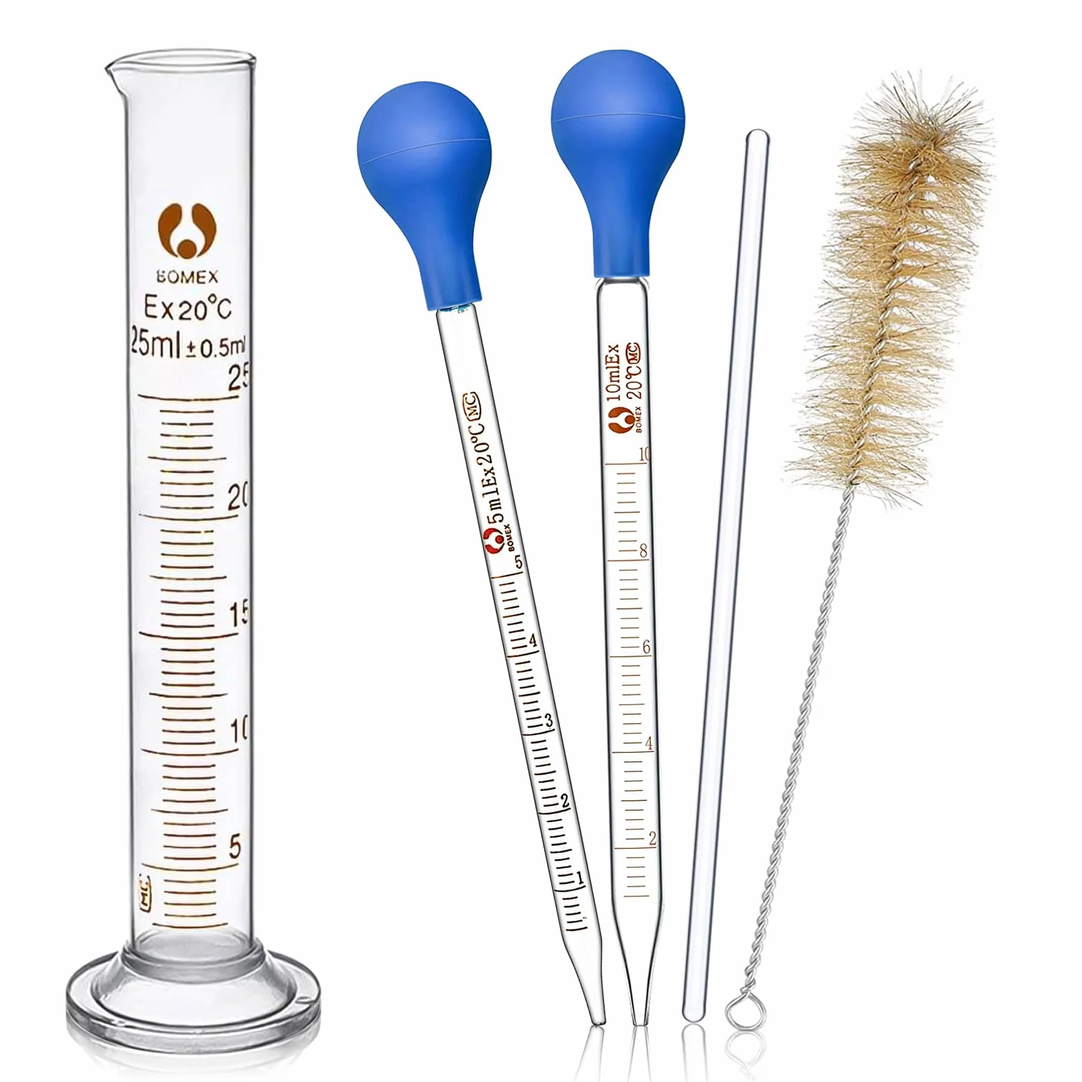 Szklana pipeta do pomiaru szkła, zestaw 6 sztuk, 5 ml, 10 ml, szklany cylinder pomiarowy 25 ml, pipeta z pędzlem i mieszadłem, do laboratorium, medycyny, szkoły, probówki