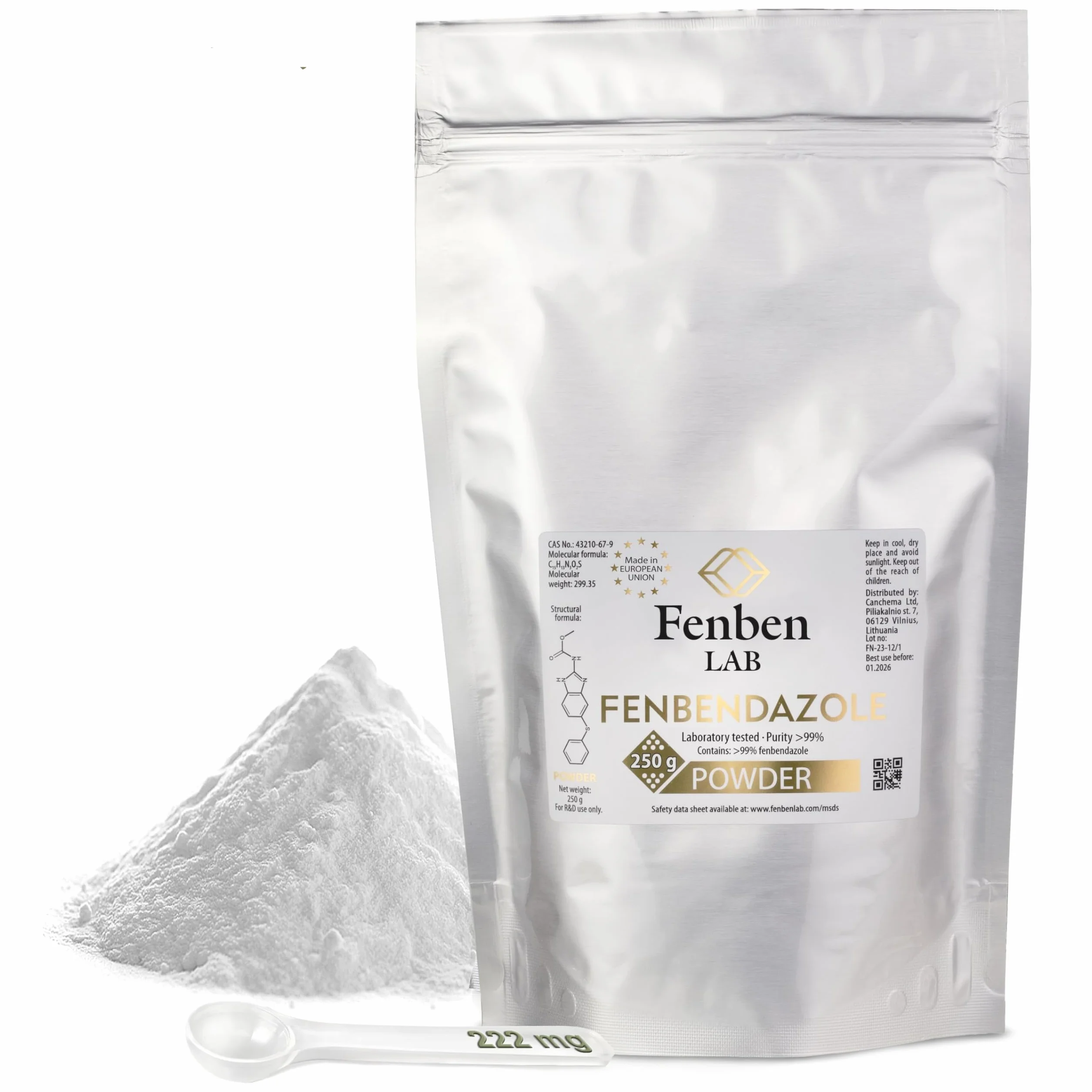 Fenbendazole 250g Proszku, Czystość >99.9%, Wyprodukowane przez Fenben Lab, Dołączono Certyfikat Analizy, Testowany w Certyfikowanym Laboratorium, 8.8oz