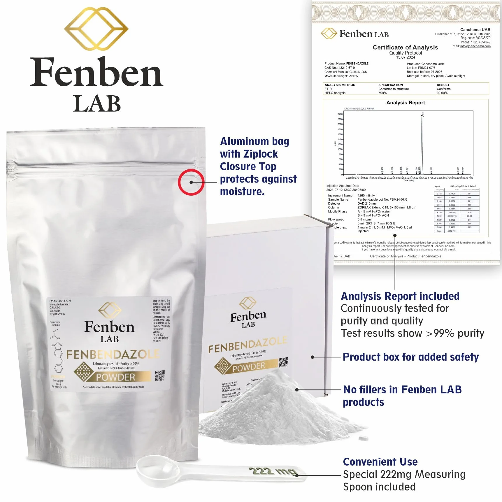 Fenbendazole 250g Proszku, Czystość >99.9%, Wyprodukowane przez Fenben Lab, Dołączono Certyfikat Analizy, Testowany w Certyfikowanym Laboratorium, 8.8oz