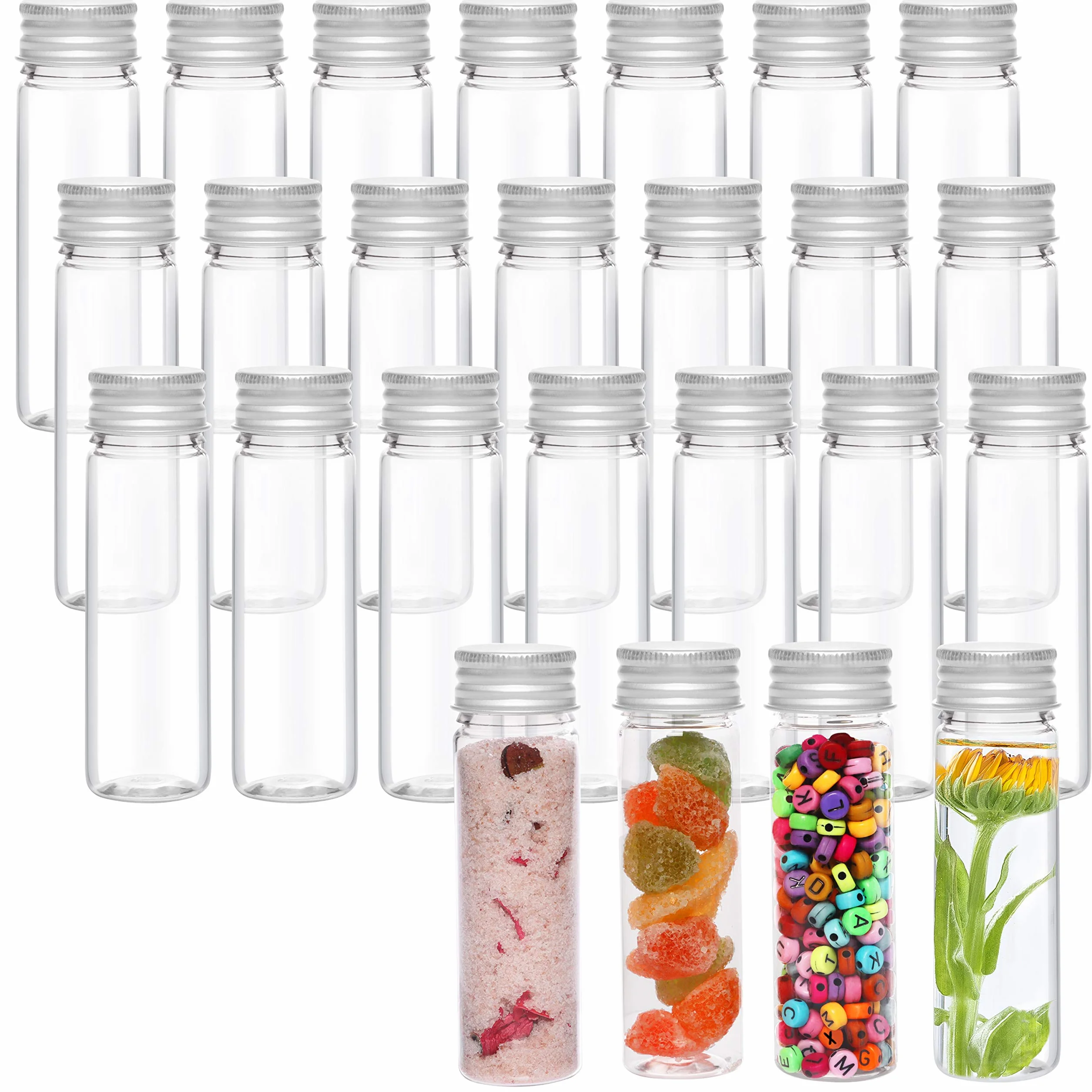 Kurtzy Przezroczyste Plastikowe Probówki z Zakrętką i Szczotką do Czyszczenia (25-Pak) - 50 ml - Probówki Wielokrotnego Użycia do Przechowywania Słodyczy, Próbek, Płynów, Soli do Kąpieli i Kwiatów