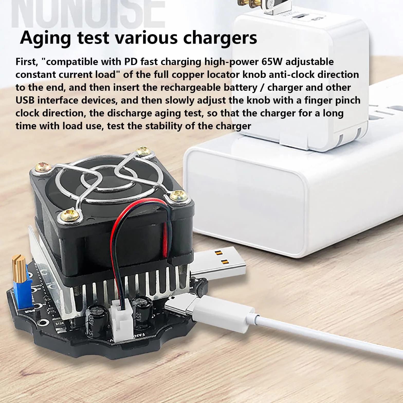 Tester obciążenia USB 65 W, regulowane obciążenie elektroniczne z obsługą wentylatora chłodnicy, szybkie ładowanie do testowania prądu ładowania w połączeniu z miernikiem testowym USB