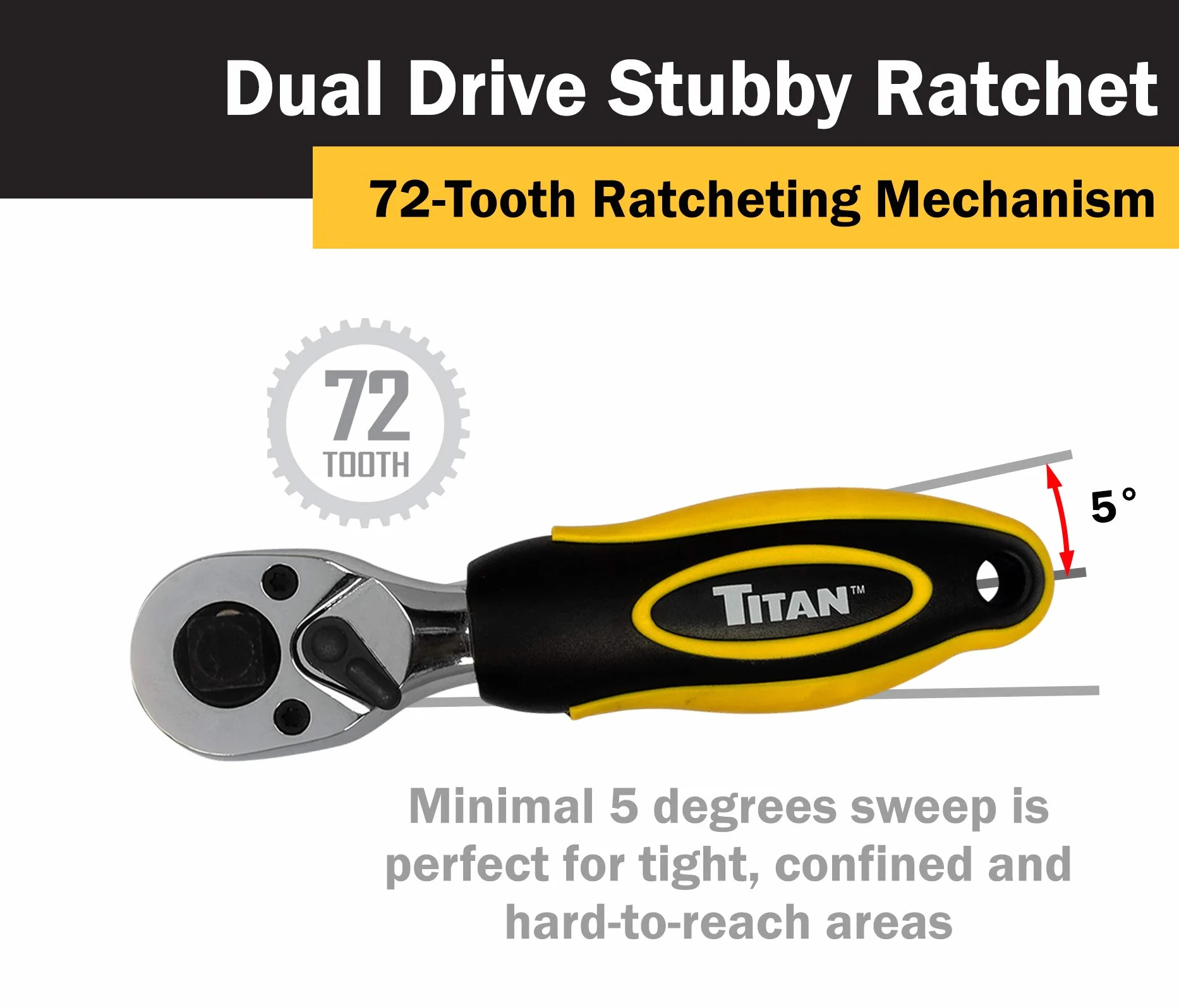 Titan Grzechotka dwugłowicowa Stubby napęd 3/8" 1/2" 72 zęby 14 cm