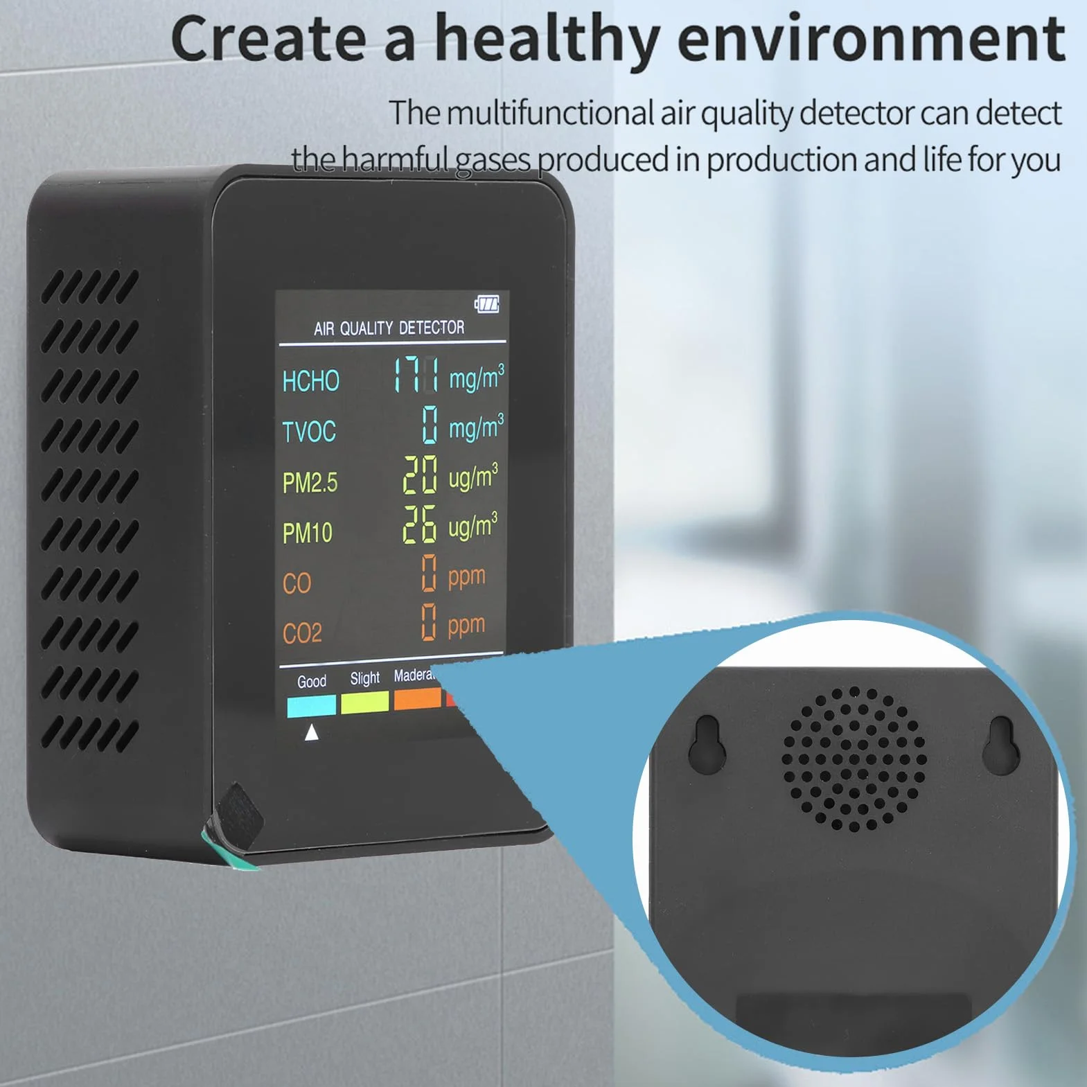 Monitor Jakości Powietrza, CO2 TVOC HCHO PM2.5 PM10 Tester Jakości Powietrza w Pomieszczeniach dla Domu, z Podświetlanym Wyświetlaczem LCD, ładowany Przez USB (BLACK)