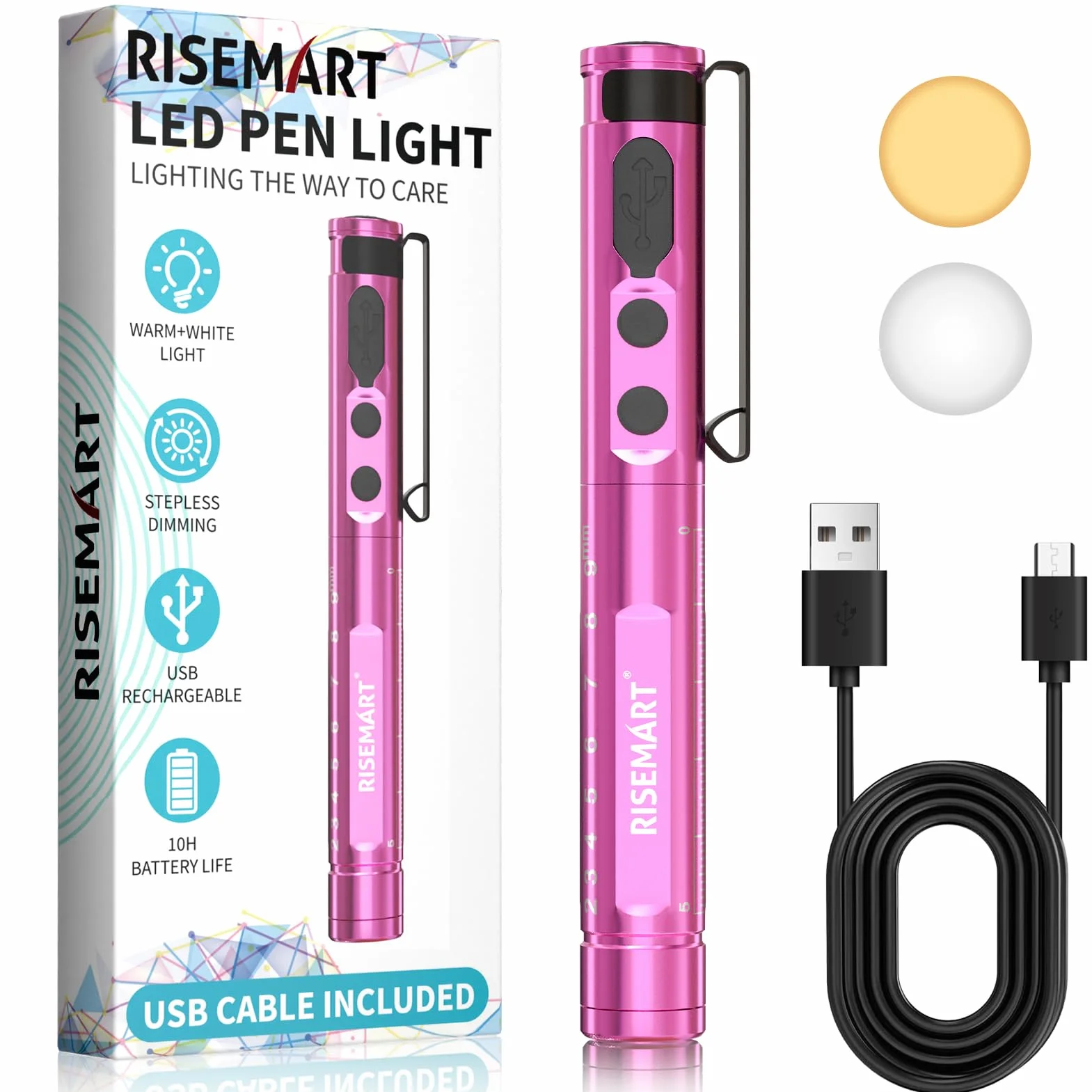Lampa diagnostyczna, medyczna, z możliwością ponownego ładowania, z kablem USB, ciepła / zimna biel i bezstopniowe ściemnianie, przenośna, aluminiowa, medyczna lampa źrenicy z klipsem (różowa)