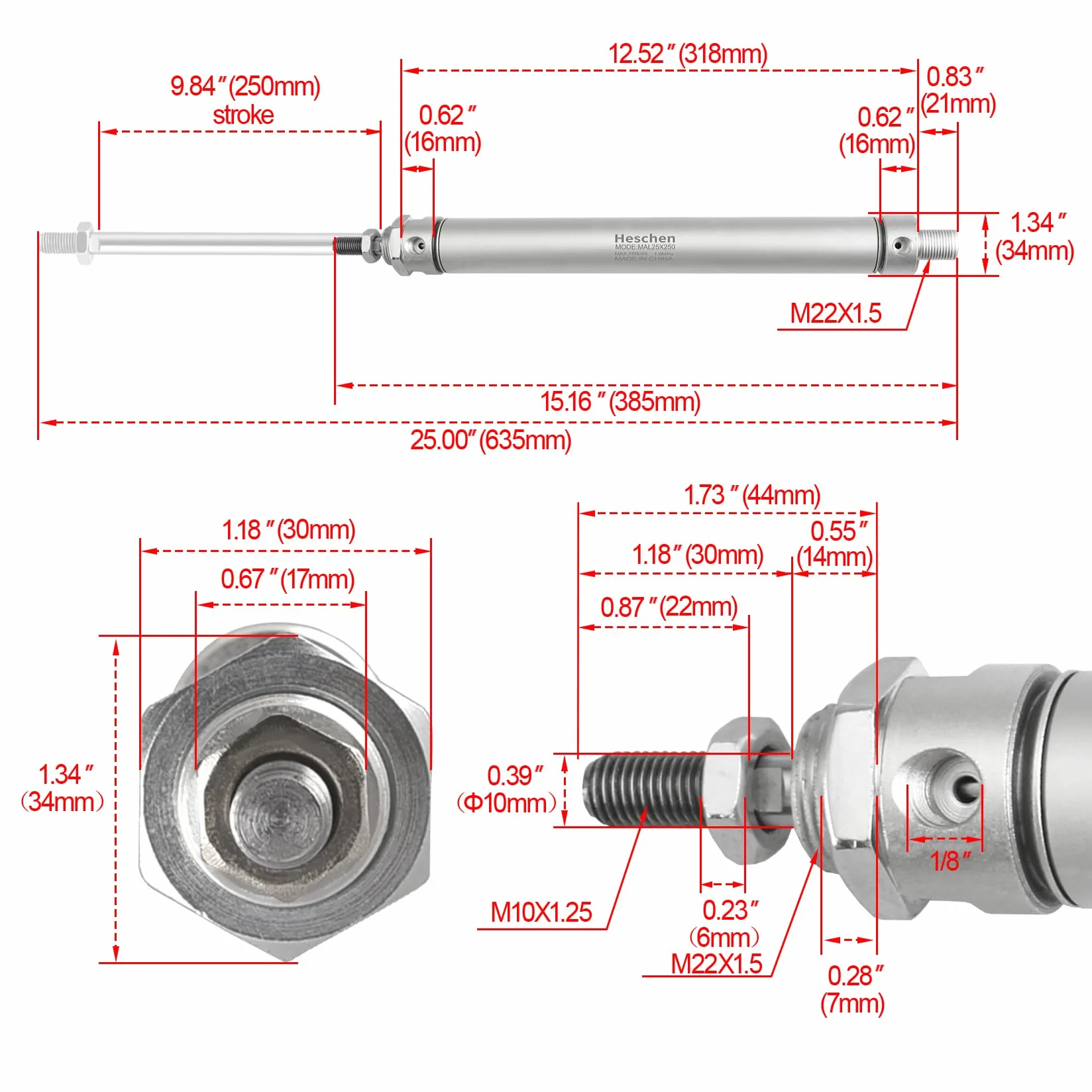 Heschen Pneumatyczny cylinder MAL 25-250 PT1/8 25 mm 250 mm podwójne działanie