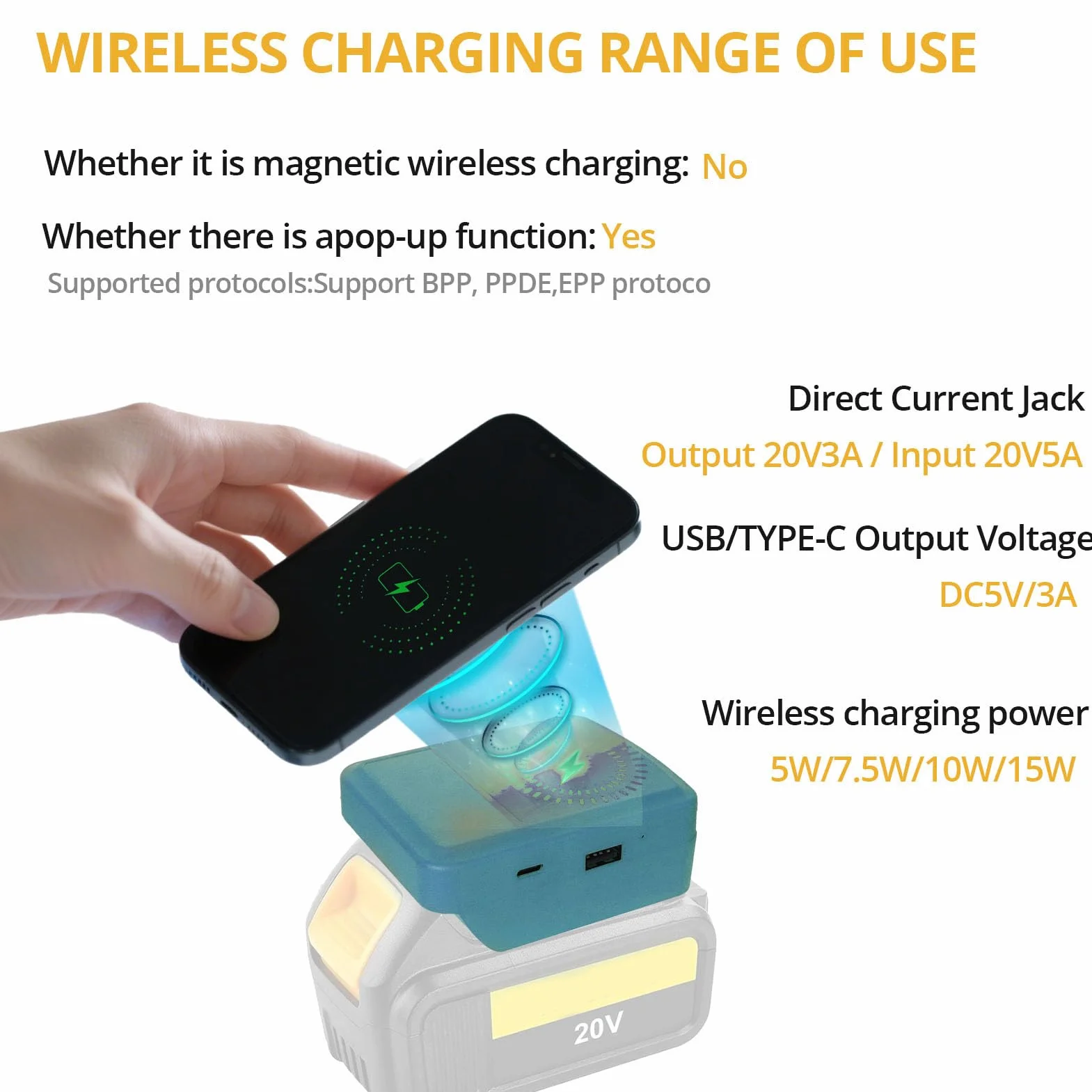 Fafeicy Bezprzewodowa ładowarka do Telefonu Adapter Baterii 15 W Bezprzewodowe ładowanie USB Typu C Porty USB DC Kompatybilne z baterią PARKSIDE X20V TEAM PAP20A1 PAP20A3 PAP20B1 PAP20B3