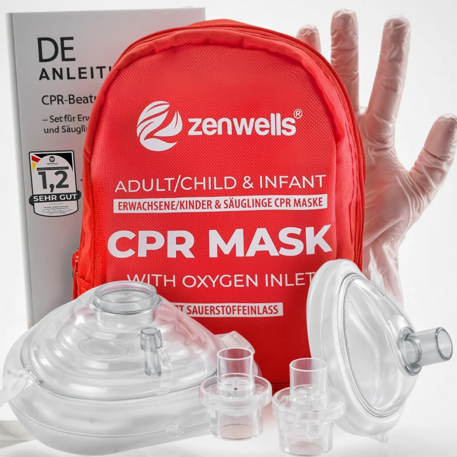 CPR maska do oddychania, zestaw pierwszej pomocy (2 sztuki) dla dorosłych/dzieci i niemowląt – maska kieszonkowa w miękkim etui (czerwona) z zaworem własnym i wlotem tlenu