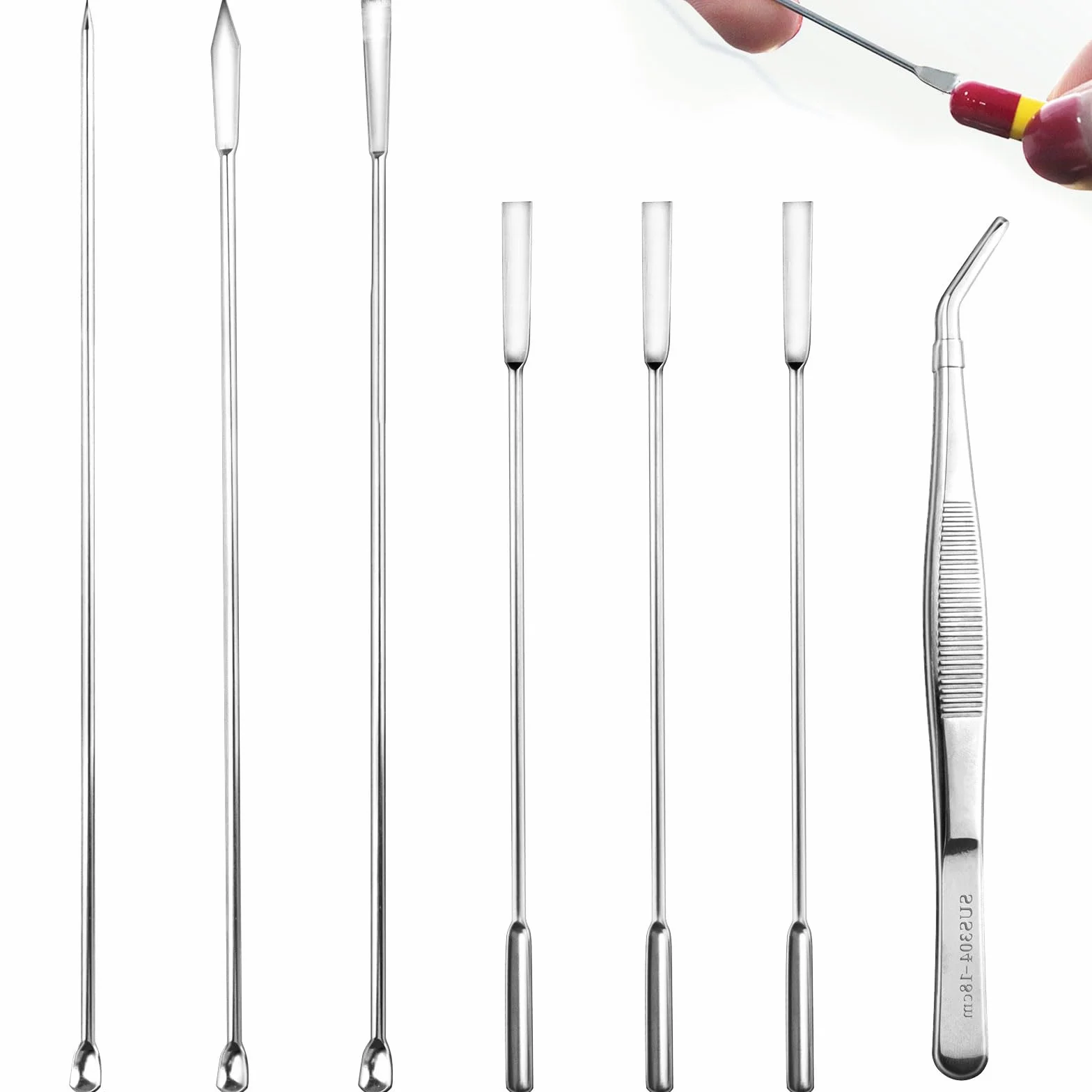 6 sztuk łyżek laboratoryjnych, szpatułki laboratoryjne ze stali nierdzewnej, z pęsetą do łokcia, szpatułka laboratoryjna do mikroleków, odczynników, gliny polimerowej (srebrne)