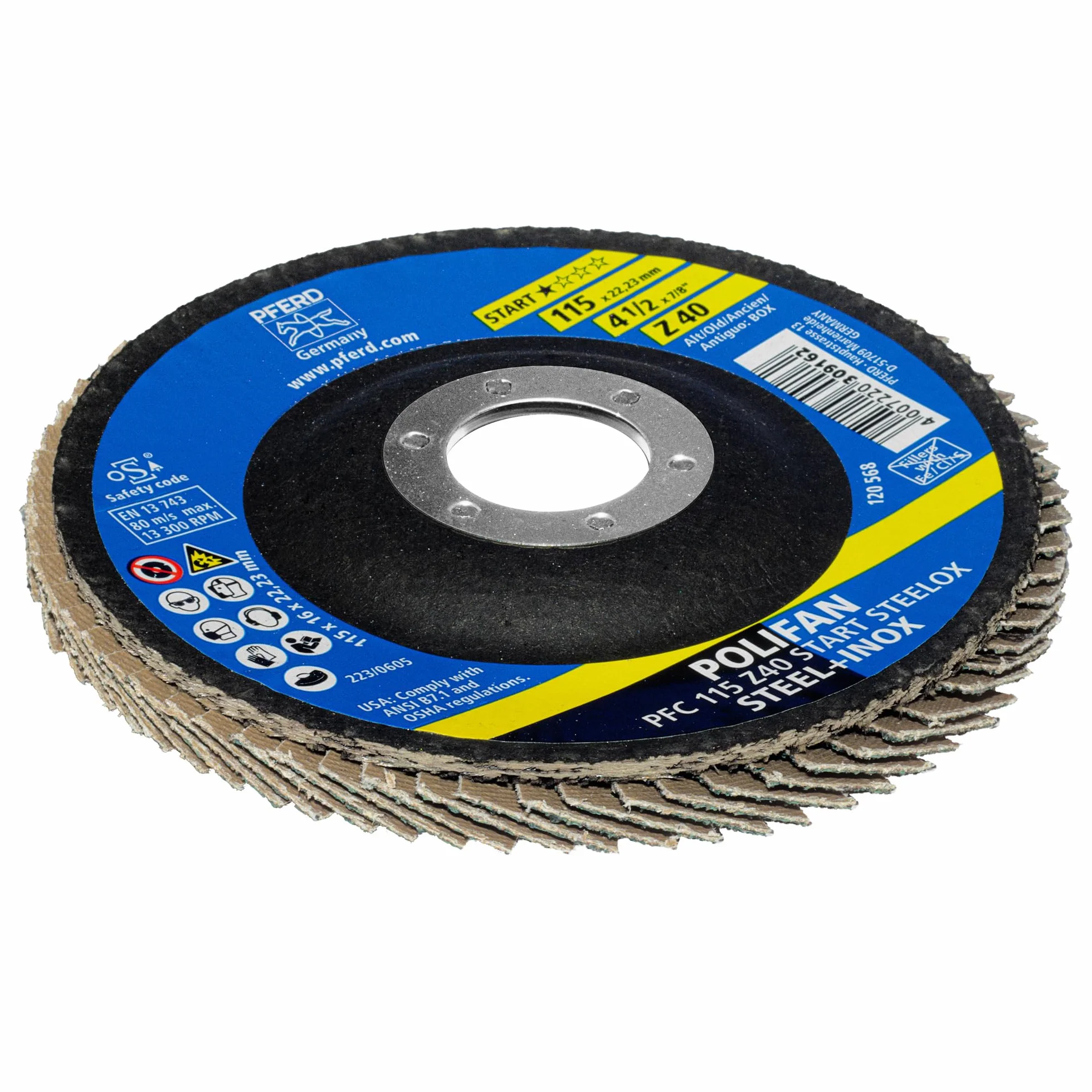 PFERD POLIFAN-Z-BOX 10 x tarcza wachlarzowa 125 mm Z60 otwór 22,23 mm stal nierdzewna INOX