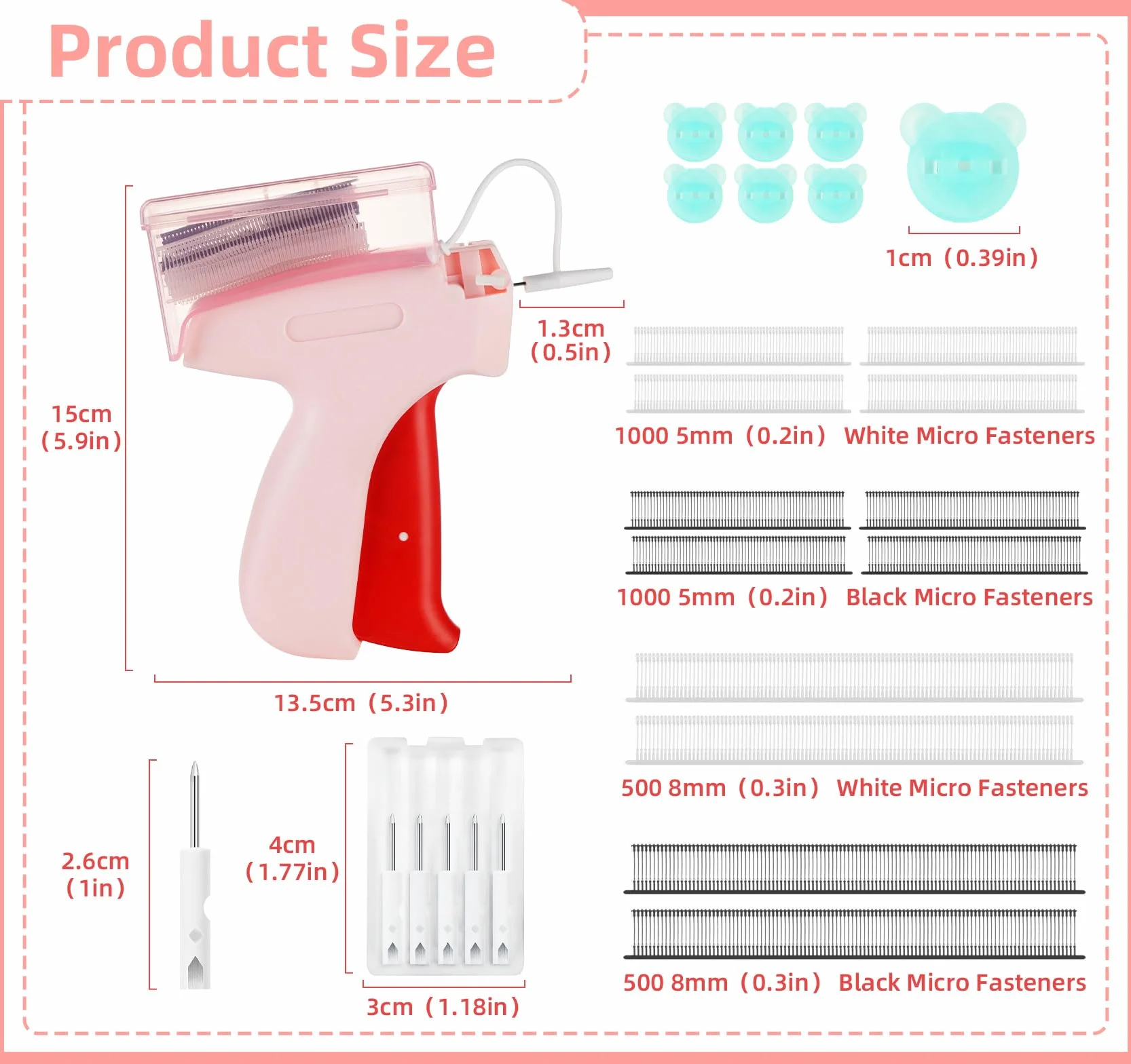 Stitchy Quick Clothing Fixer Mini Piston z 5 igłami, 3000 plastikowych igieł, różowy