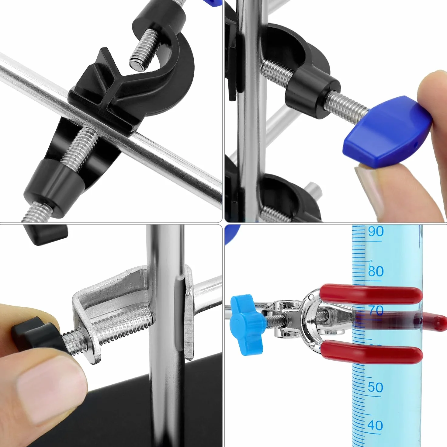 QWORK® Zestaw stojaków laboratoryjnych 60 cm, stojak laboratoryjny z regulowanymi klipsami i okrągłymi taśmami do eksperymentów chemicznych i fizycznych w laboratoriach