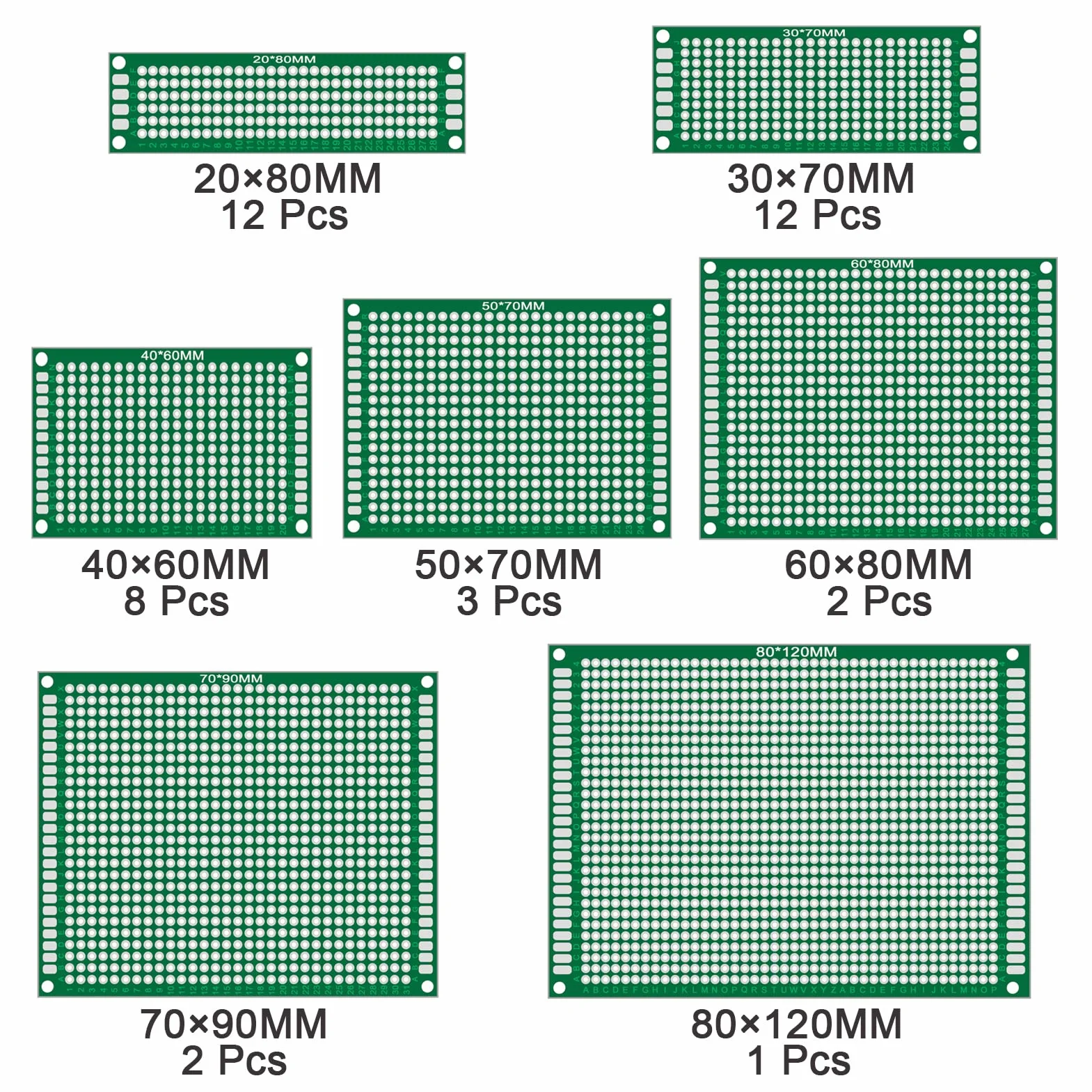 AUKENIEN 7 wartości 40 szt. płytka PCB 2x8 3x7 4x6 5x7 6x8 7x9 8x12 dwustronne prototypowe płytki PCB zestaw kompatybilny z zestawami Arduino do lutowania DIY i projektów elektronicznych