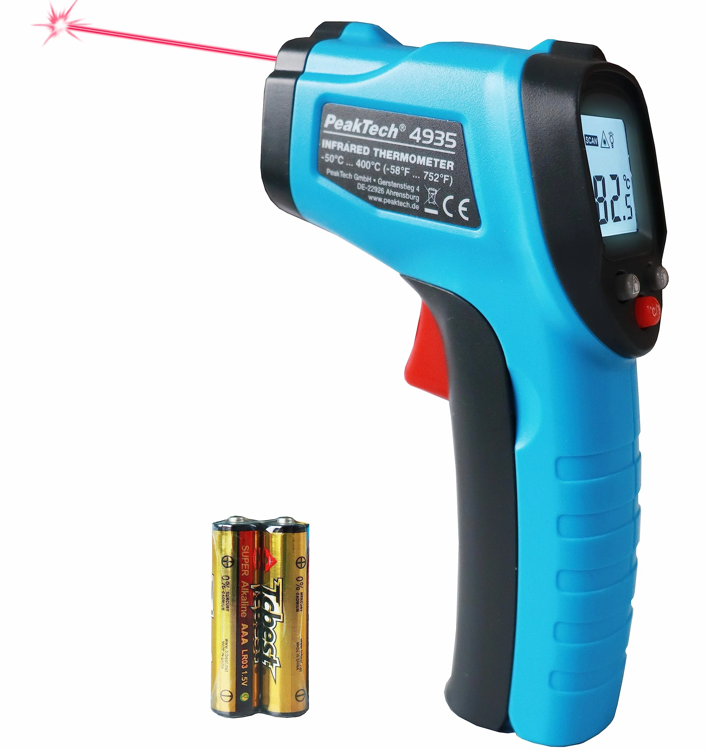 PeakTech 4935 termometr na podczerwień/pirometr z laserem, -50°C … 400°C, stosunek punktu pomiarowego 12:1, do szybkiego pomiaru temperatury powierzchni 0,5 s, stopień emisji 0,95 stały