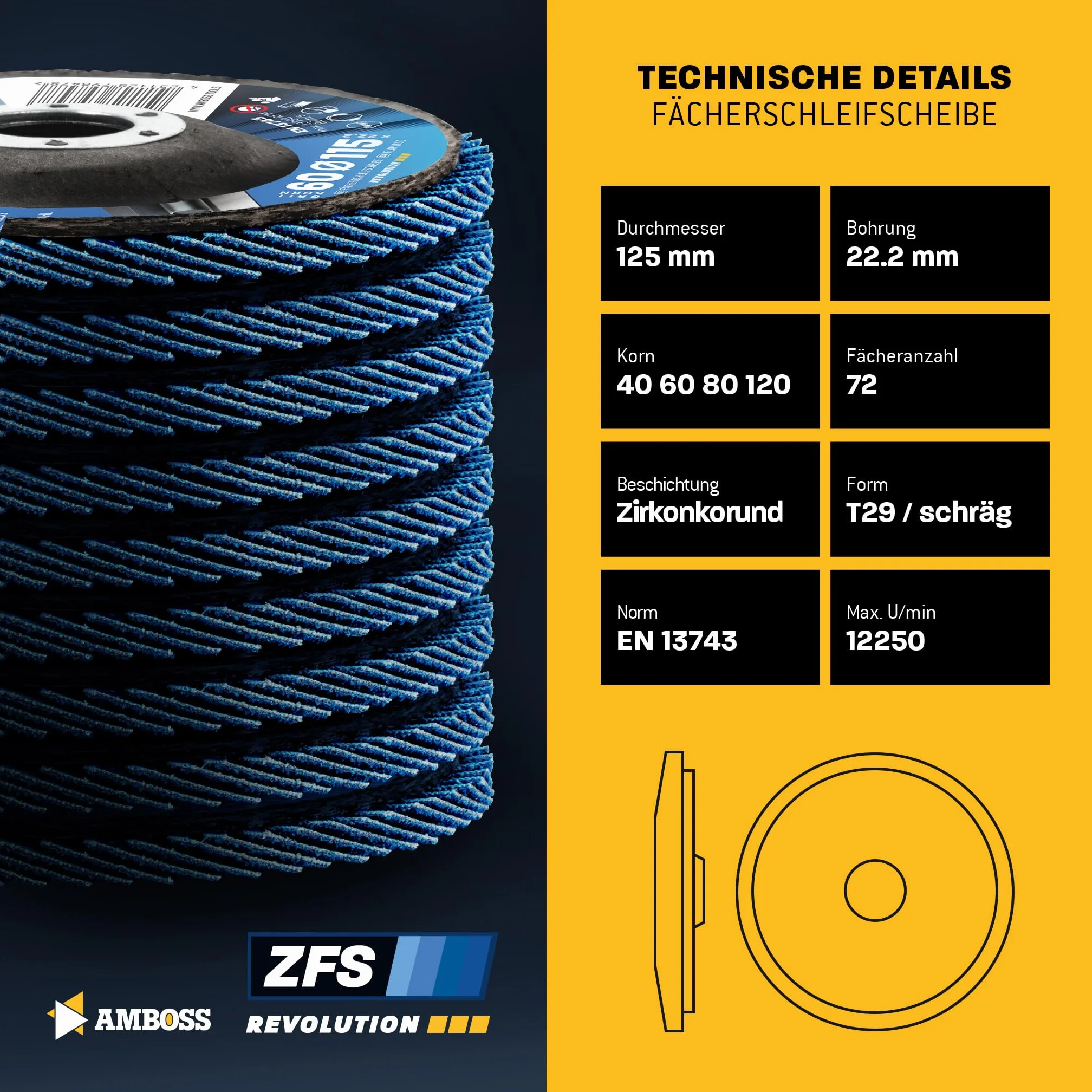 Zestaw tarcz wachlarzowych Ø125mm K41-120 (po 2 sztuki) do stali/stali nierdzewnej - polerowanie, odrdzewianie, szlifowanie fug - AMBOSS Werkzeuge ZFS tarcza lamelowa niebieska do szlifierki kątowej